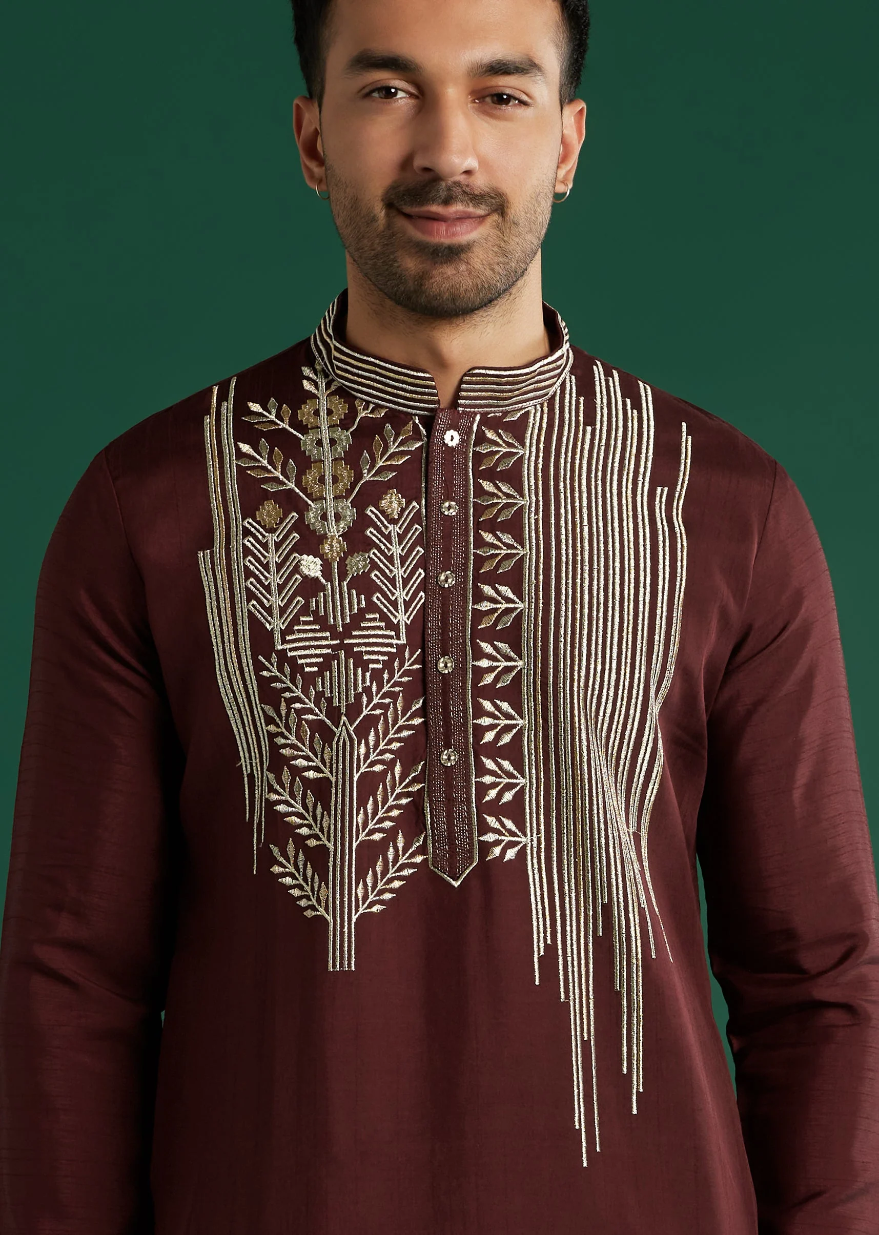 Deep Maroon Silk Kurta Set For Men With Gota Work - Image 2