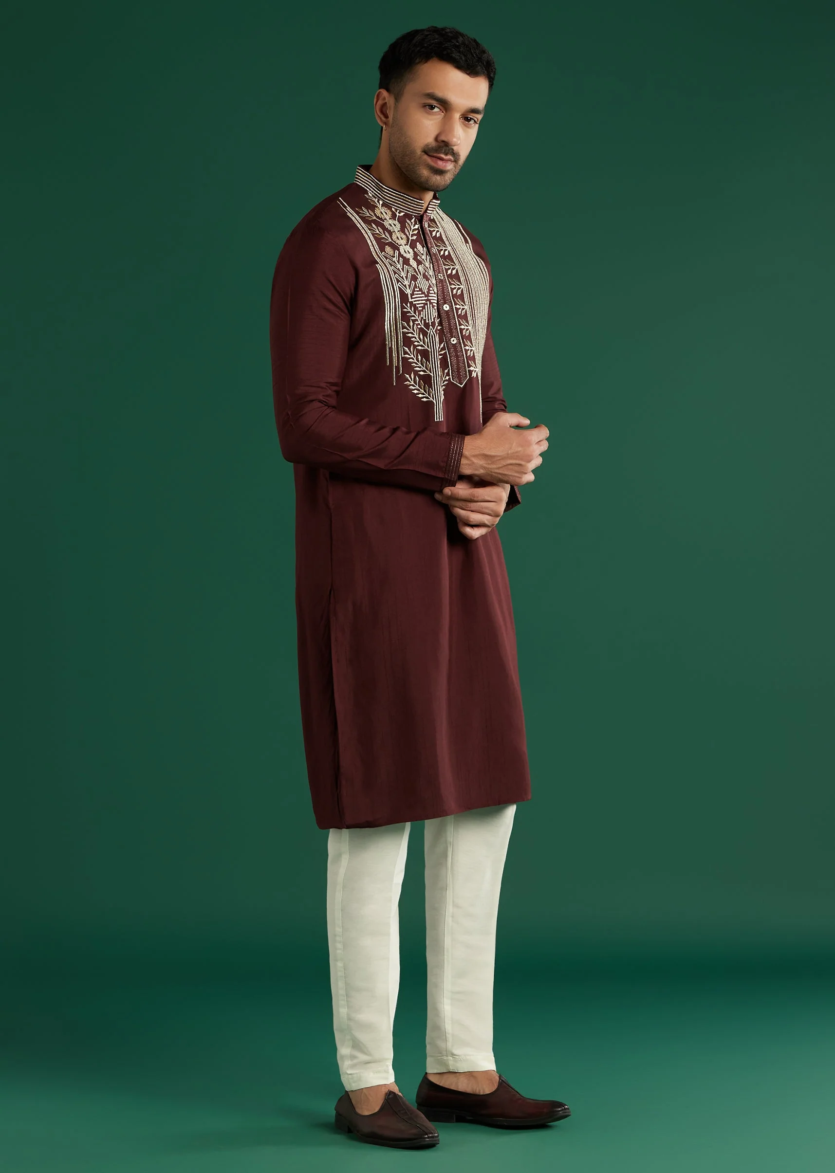 Deep Maroon Silk Kurta Set For Men With Gota Work - Image 3