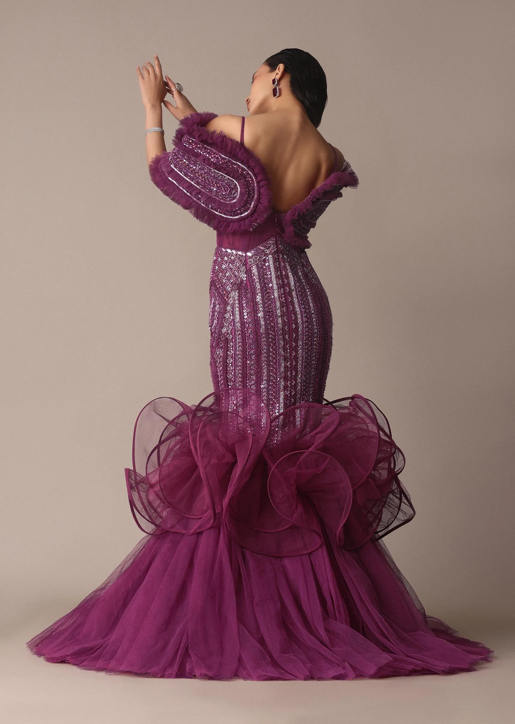 Deep Purple Organza Fish Cut Gown With 3D Ruffles - Image 3