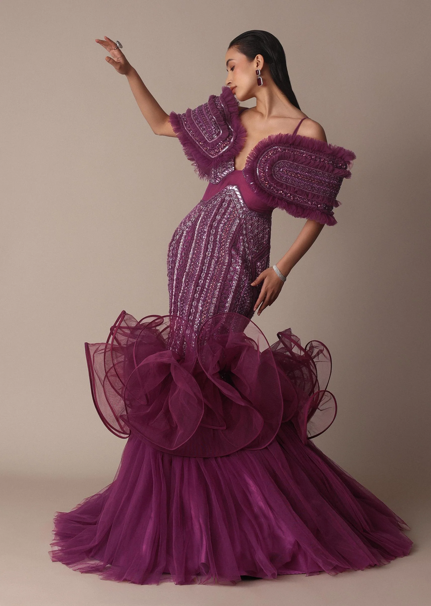 Deep Purple Organza Fish Cut Gown With 3D Ruffles - Image 9