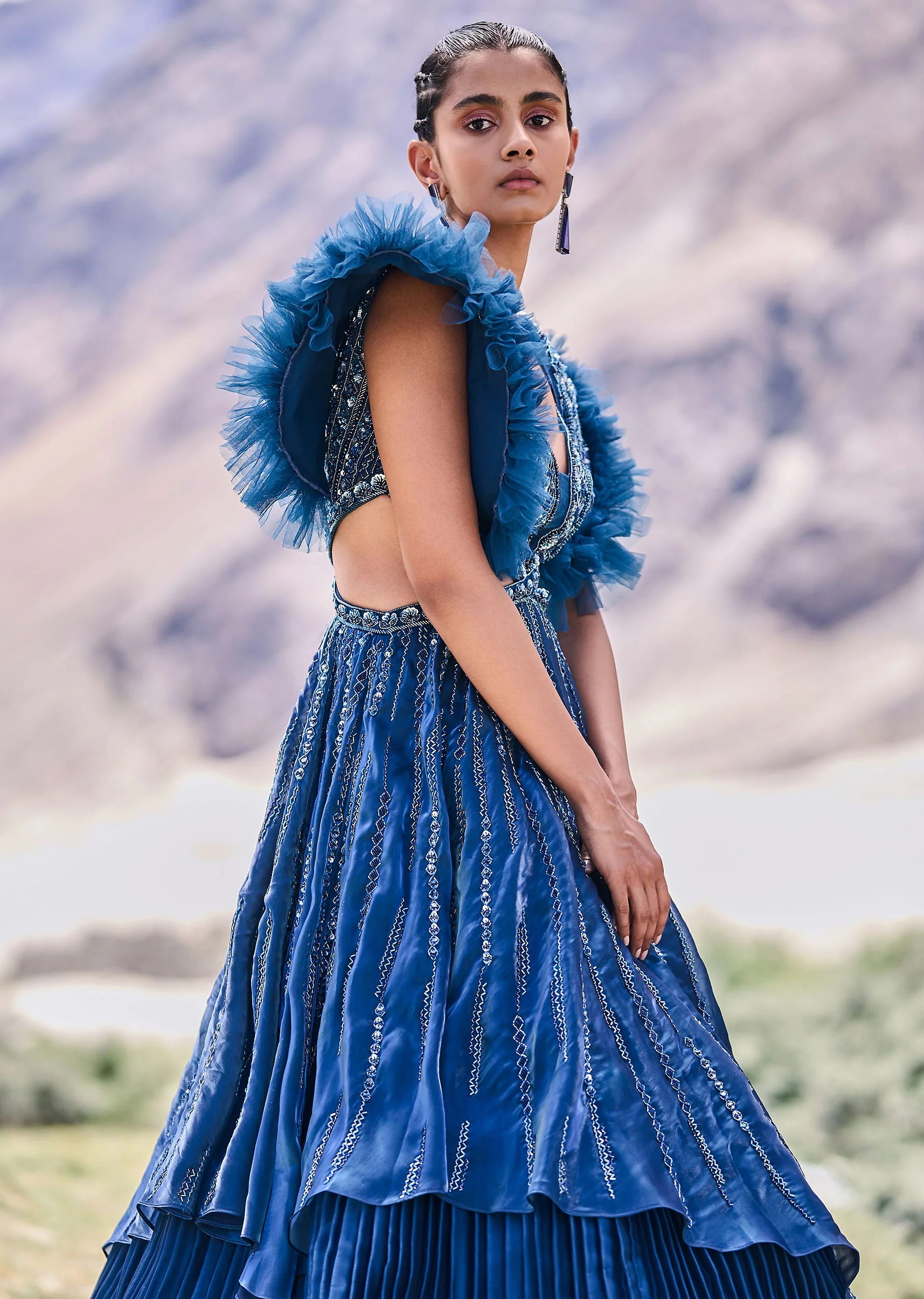 Deep Teal Blue Embroidered Layered Flared Gown With Fancy Sleeves - Image 2