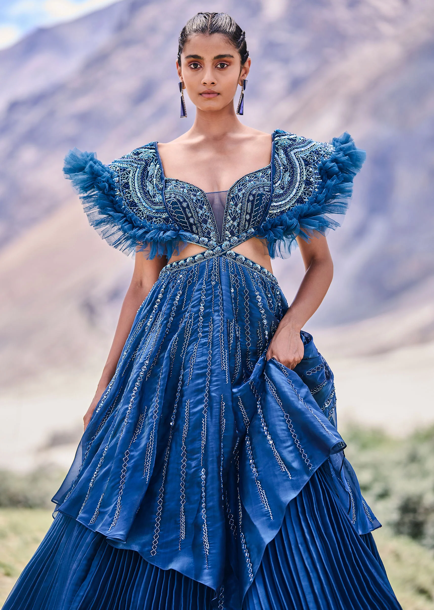 Deep Teal Blue Embroidered Layered Flared Gown With Fancy Sleeves - Image 3