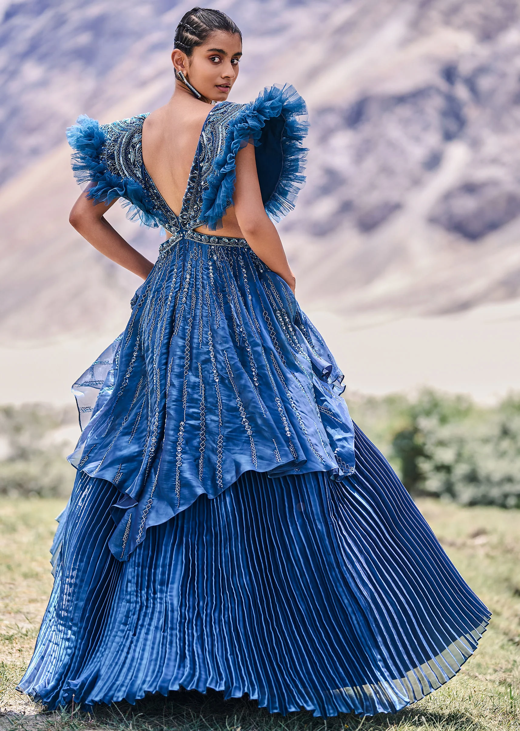 Deep Teal Blue Embroidered Layered Flared Gown With Fancy Sleeves - Image 4