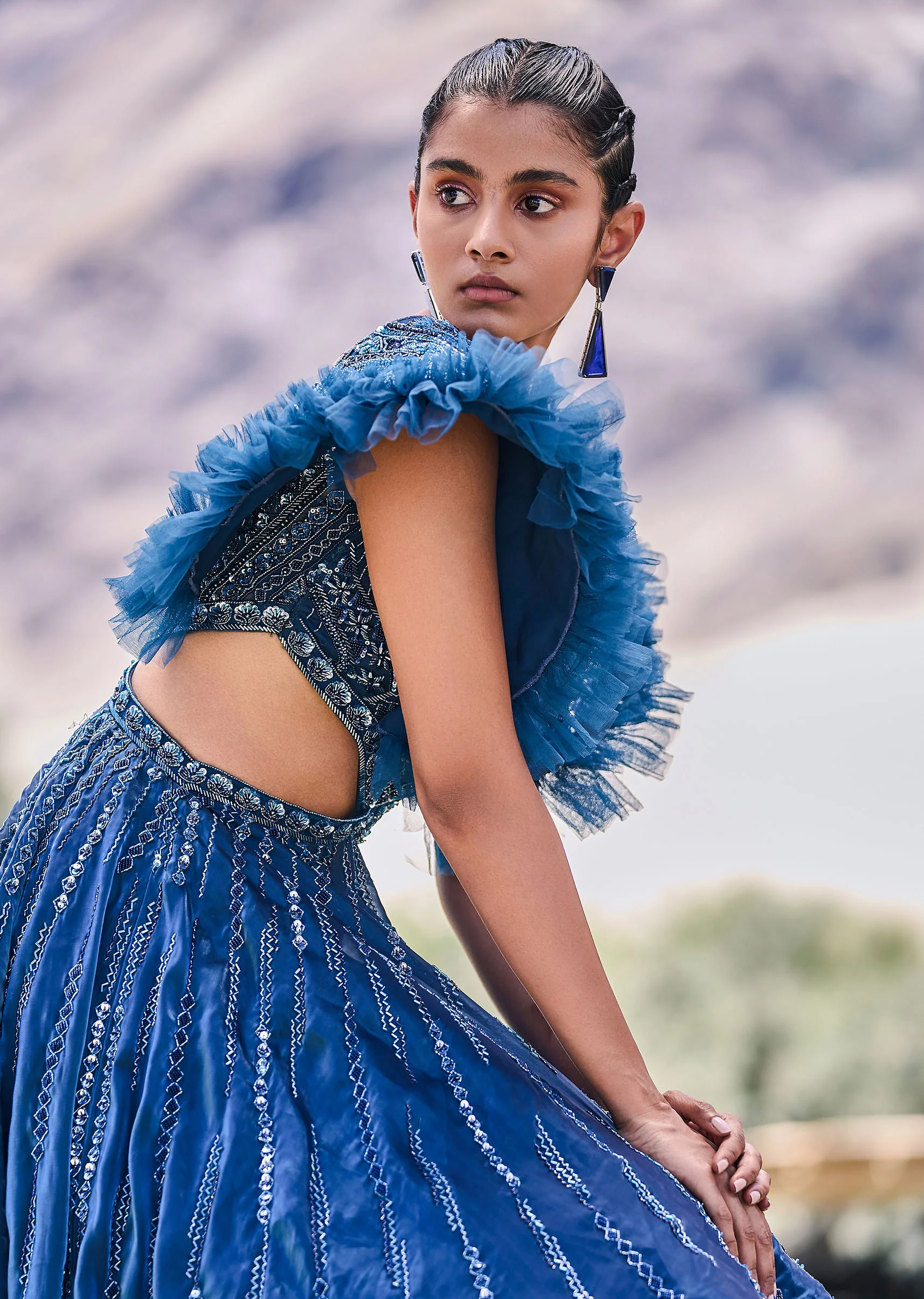 Deep Teal Blue Embroidered Layered Flared Gown With Fancy Sleeves - Image 5