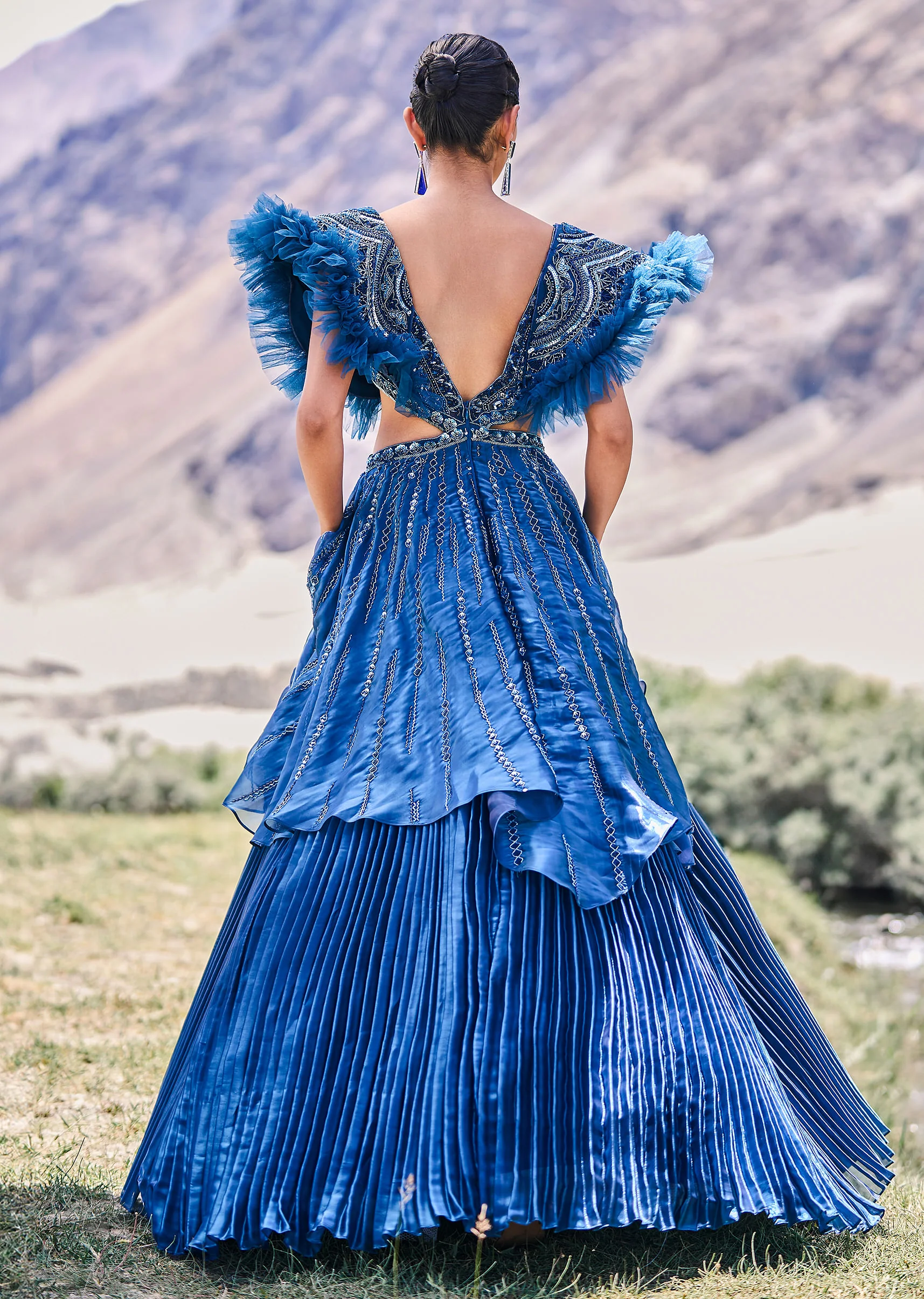 Deep Teal Blue Embroidered Layered Flared Gown With Fancy Sleeves - Image 6