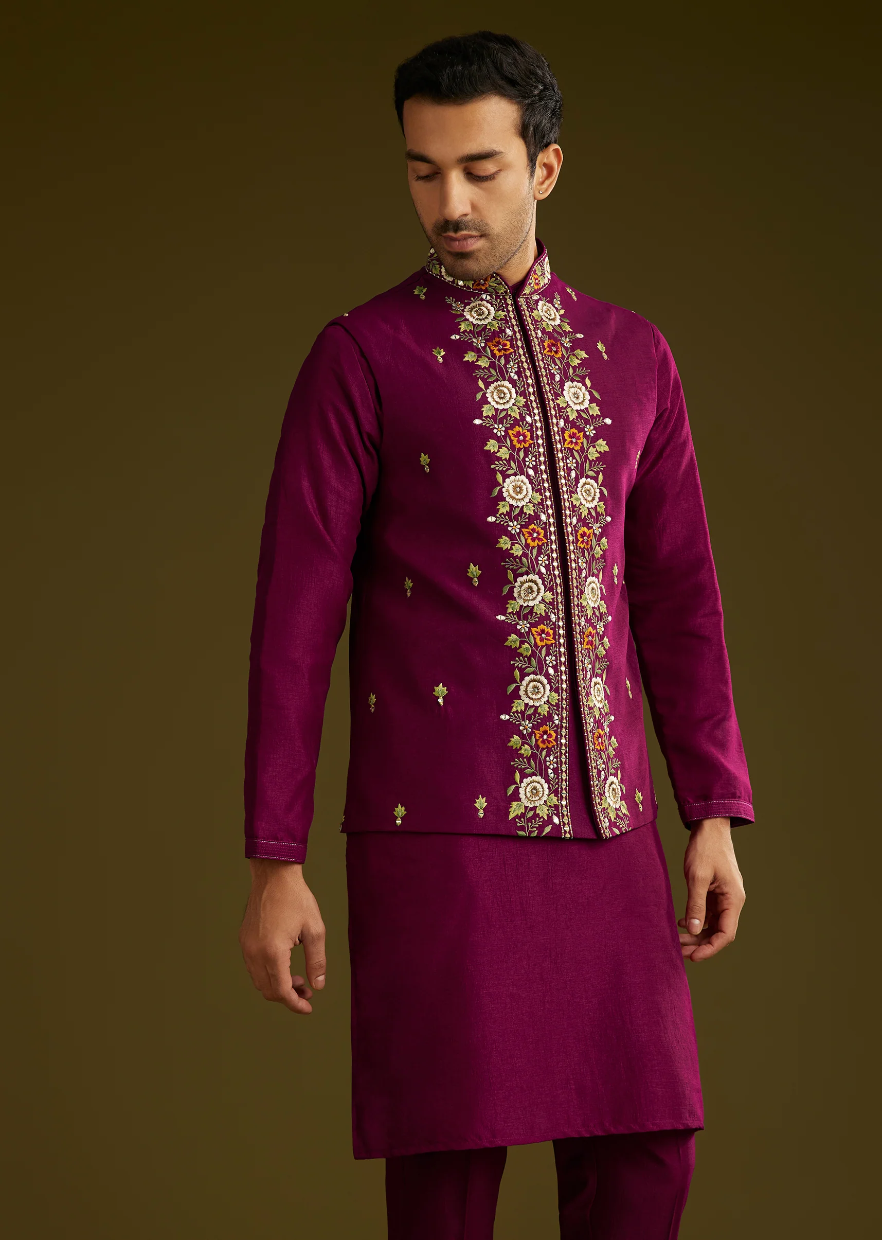 Deep Wine Reception Couple Set – Wine Tissue Organza Saree For Her And Wine Cotton Silk Kurta Jacket Set For Him - Image 11
