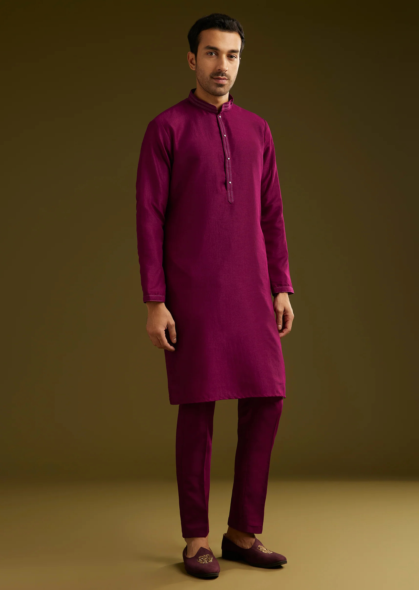 Deep Wine Reception Couple Set – Wine Tissue Organza Saree For Her And Wine Cotton Silk Kurta Jacket Set For Him - Image 13