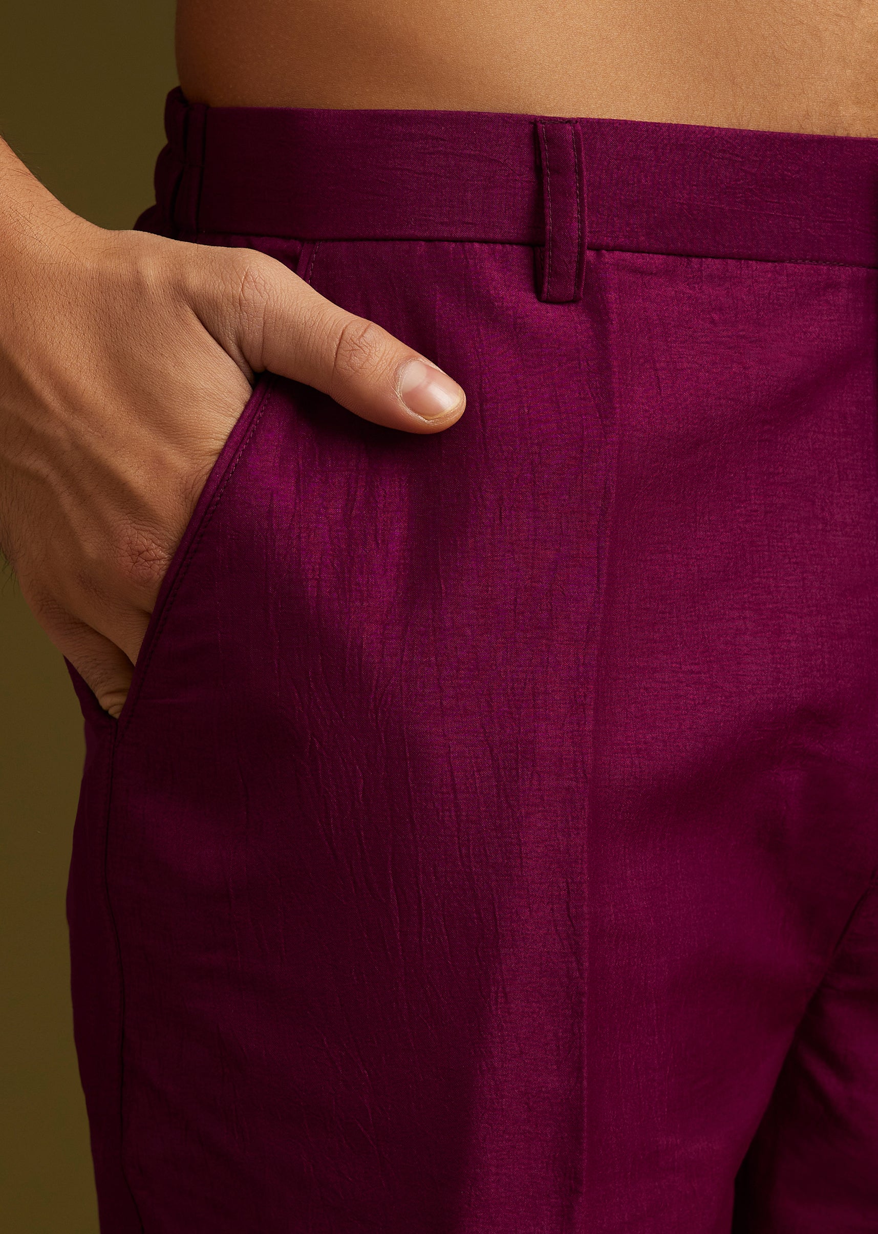 Deep Wine Reception Couple Set – Wine Tissue Organza Saree For Her And Wine Cotton Silk Kurta Jacket Set For Him - Image 14