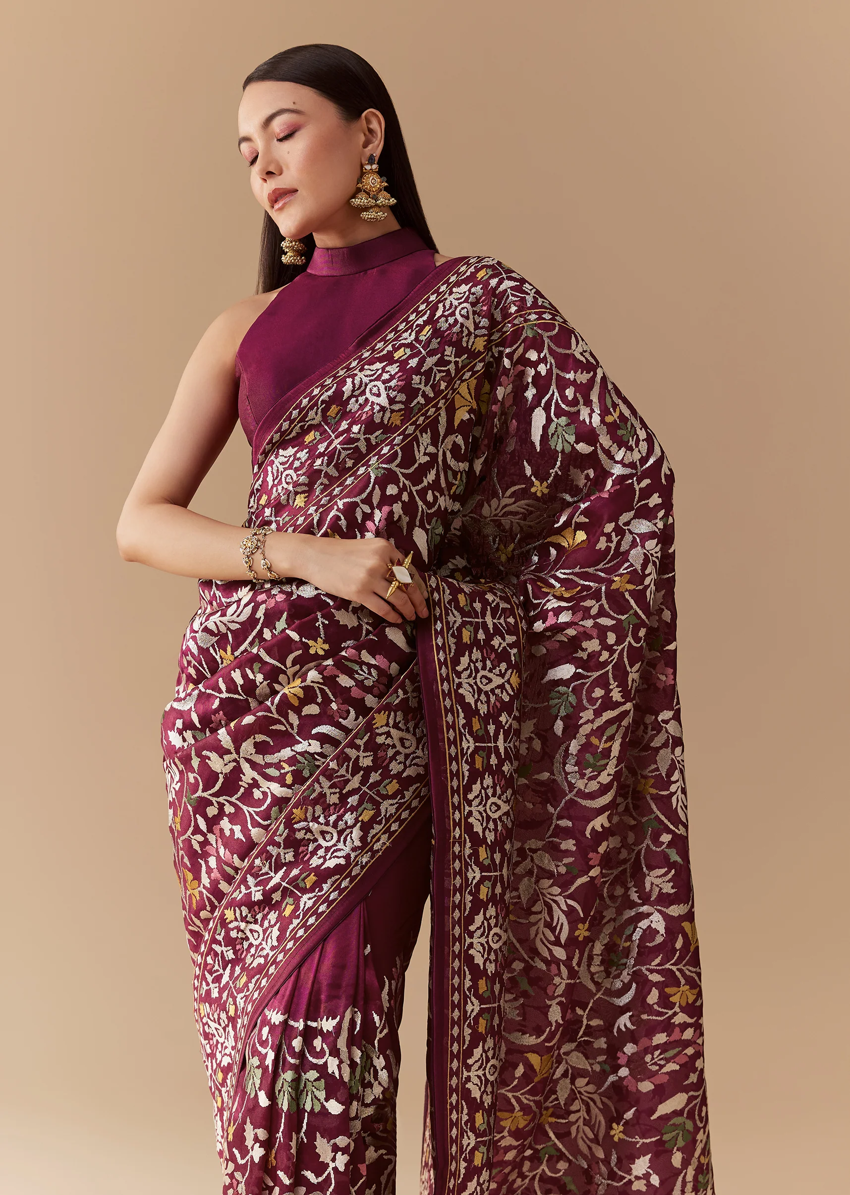 Deep Wine Reception Couple Set – Wine Tissue Organza Saree For Her And Wine Cotton Silk Kurta Jacket Set For Him - Image 4