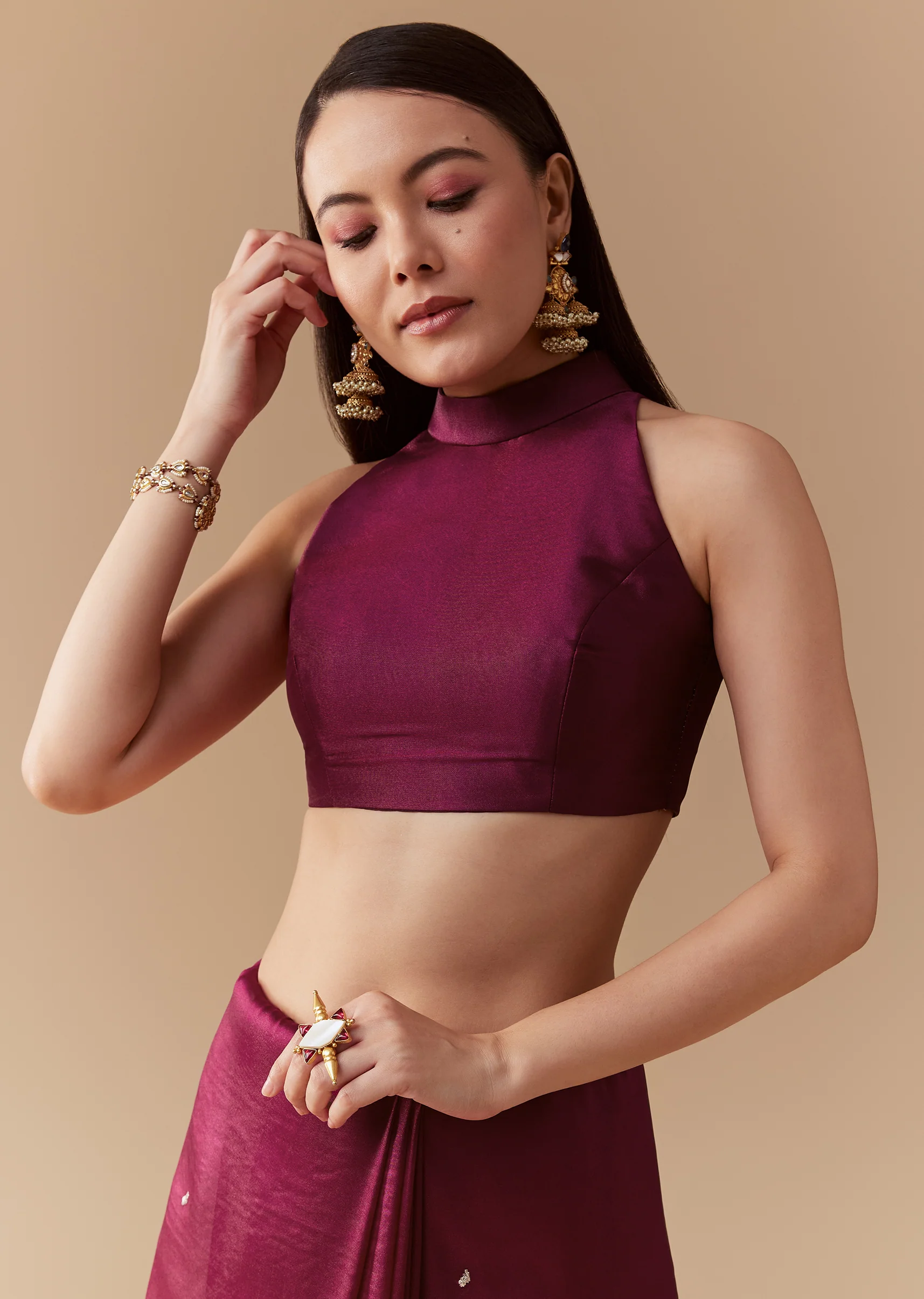 Deep Wine Reception Couple Set – Wine Tissue Organza Saree For Her And Wine Cotton Silk Kurta Jacket Set For Him - Image 7