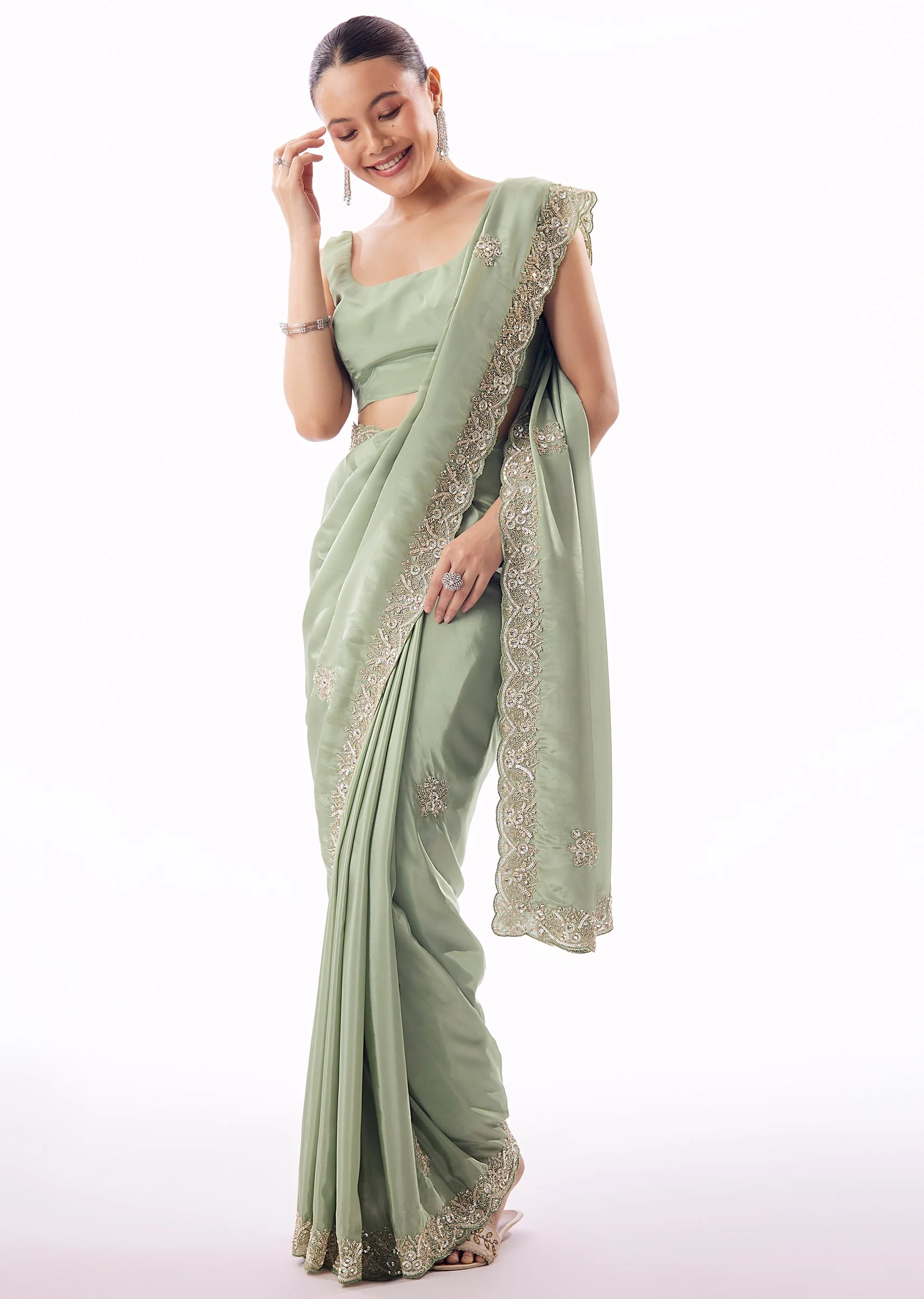 Dusky Green Silk Saree With Cutdana And Sequin Embroidered Border