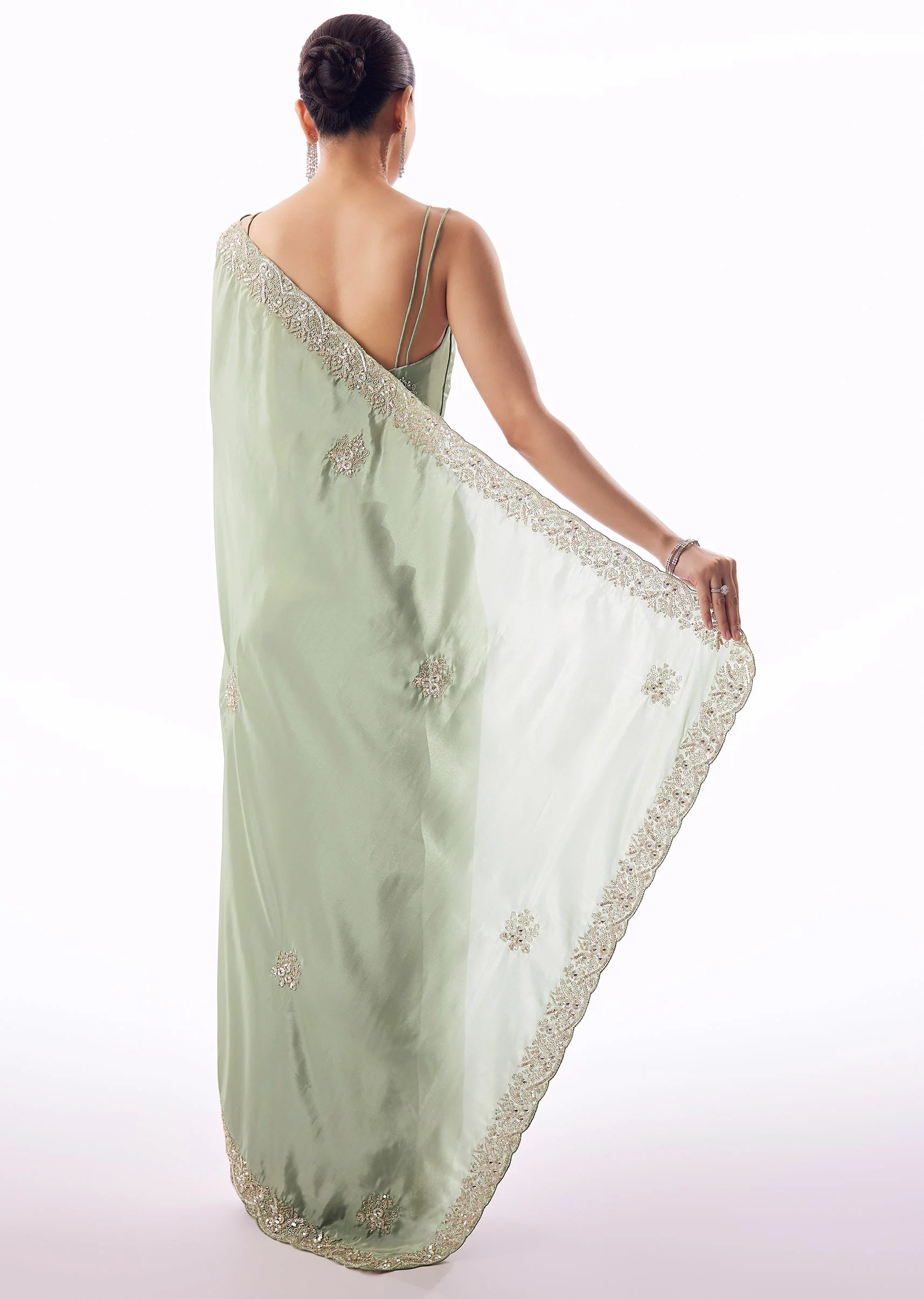 Dusky Green Silk Saree With Cutdana And Sequin Embroidered Border - Image 4