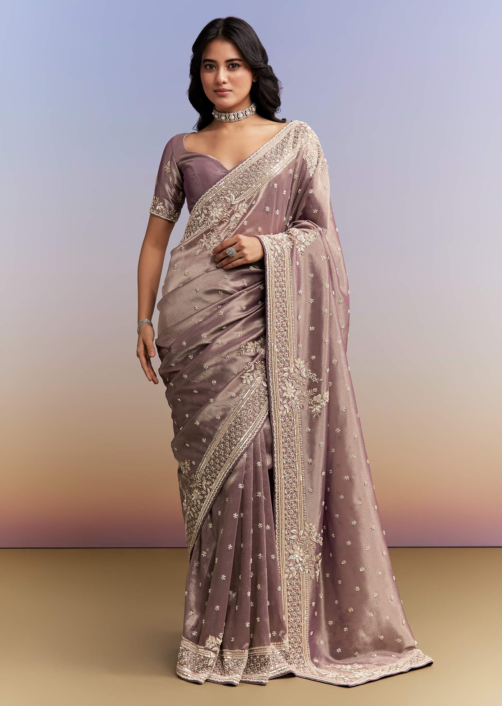 Dusky Lavender Tissue Silk Saree With Heavy Hand Embroidery - Image 3