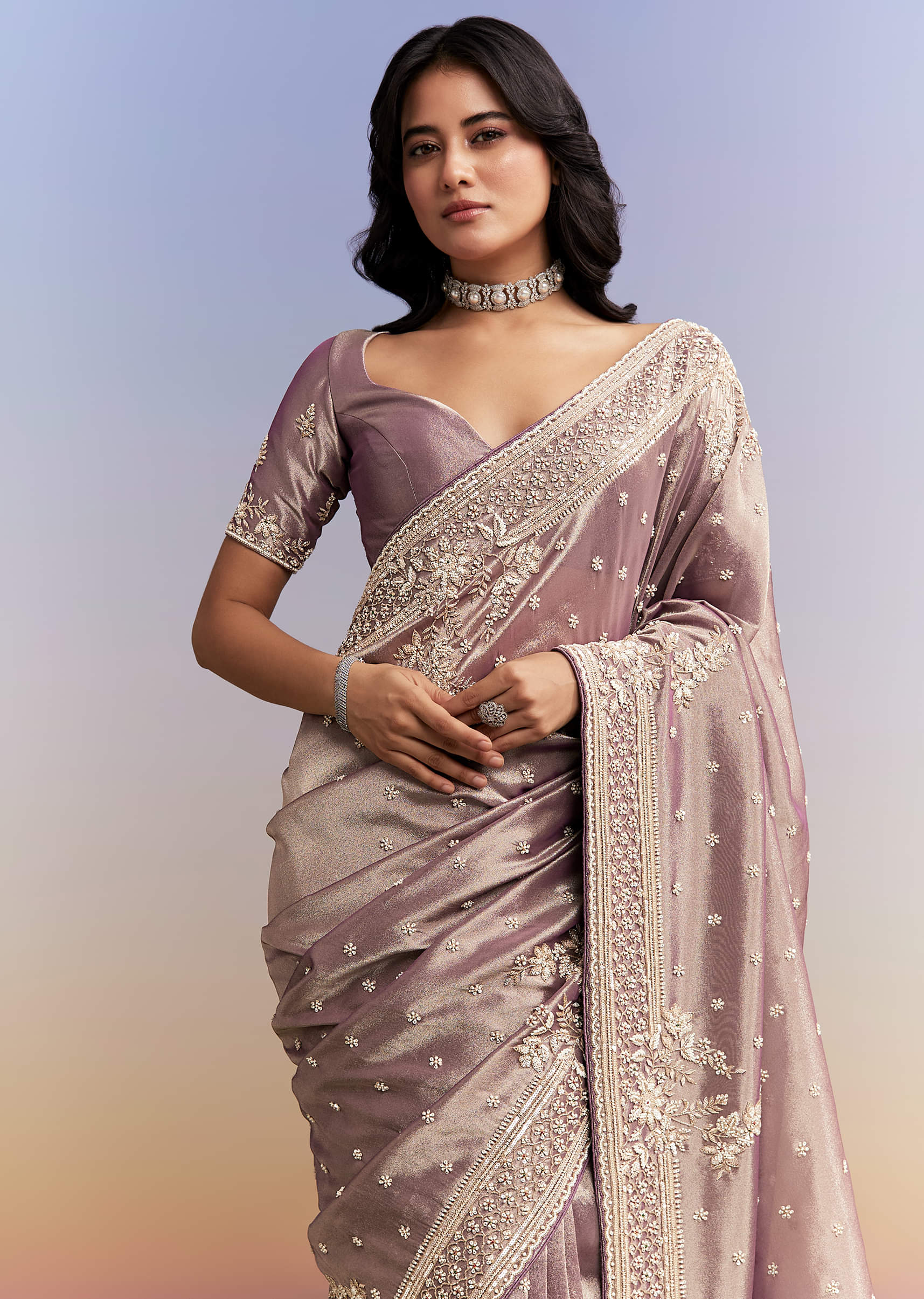 Dusky Lavender Tissue Silk Saree With Heavy Hand Embroidery - Image 5