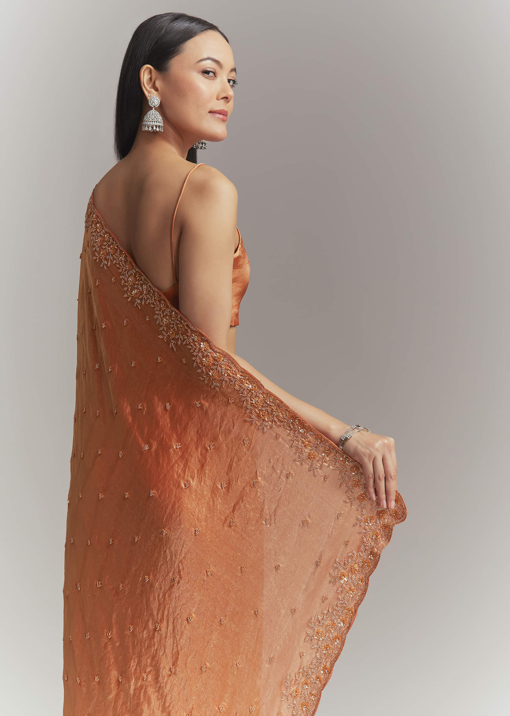 Dusky Orange Chinon Embroidered Saree With Embroidery - Image 6