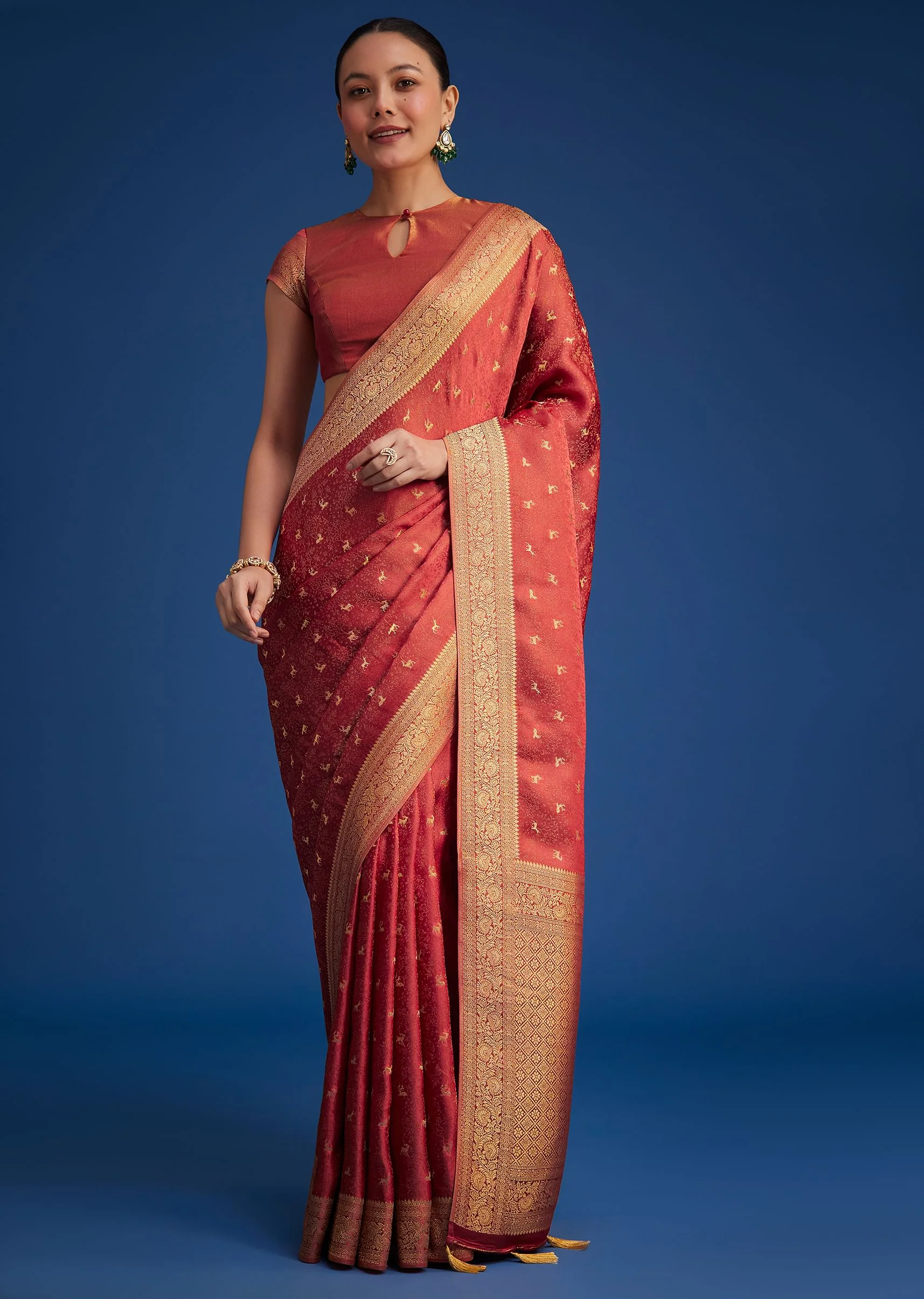 Dusky Orange Tissue Silk Saree With Zari Border And Butti Work - Image 2
