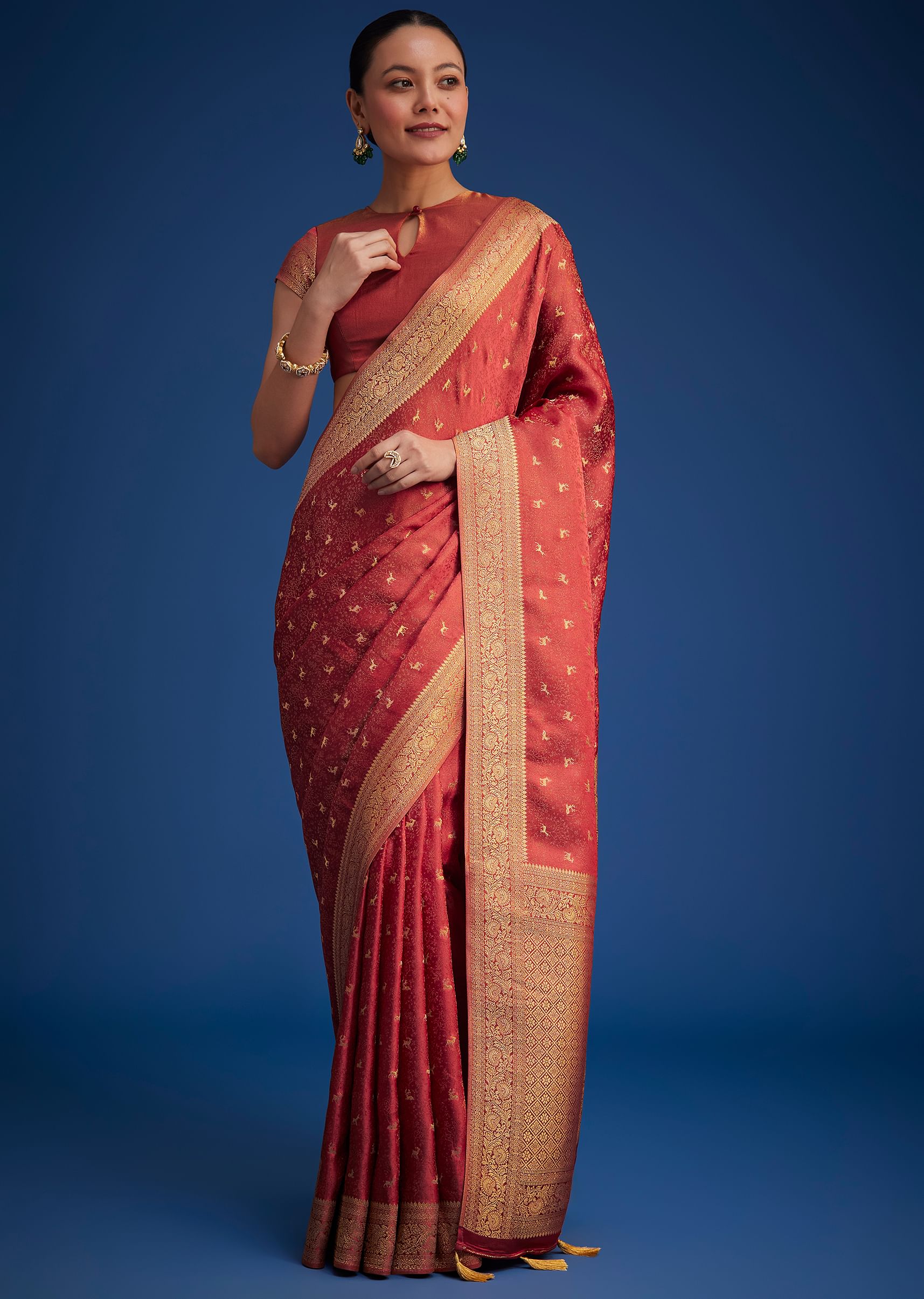 Dusky Orange Tissue Silk Saree With Zari Border And Butti Work - Image 5