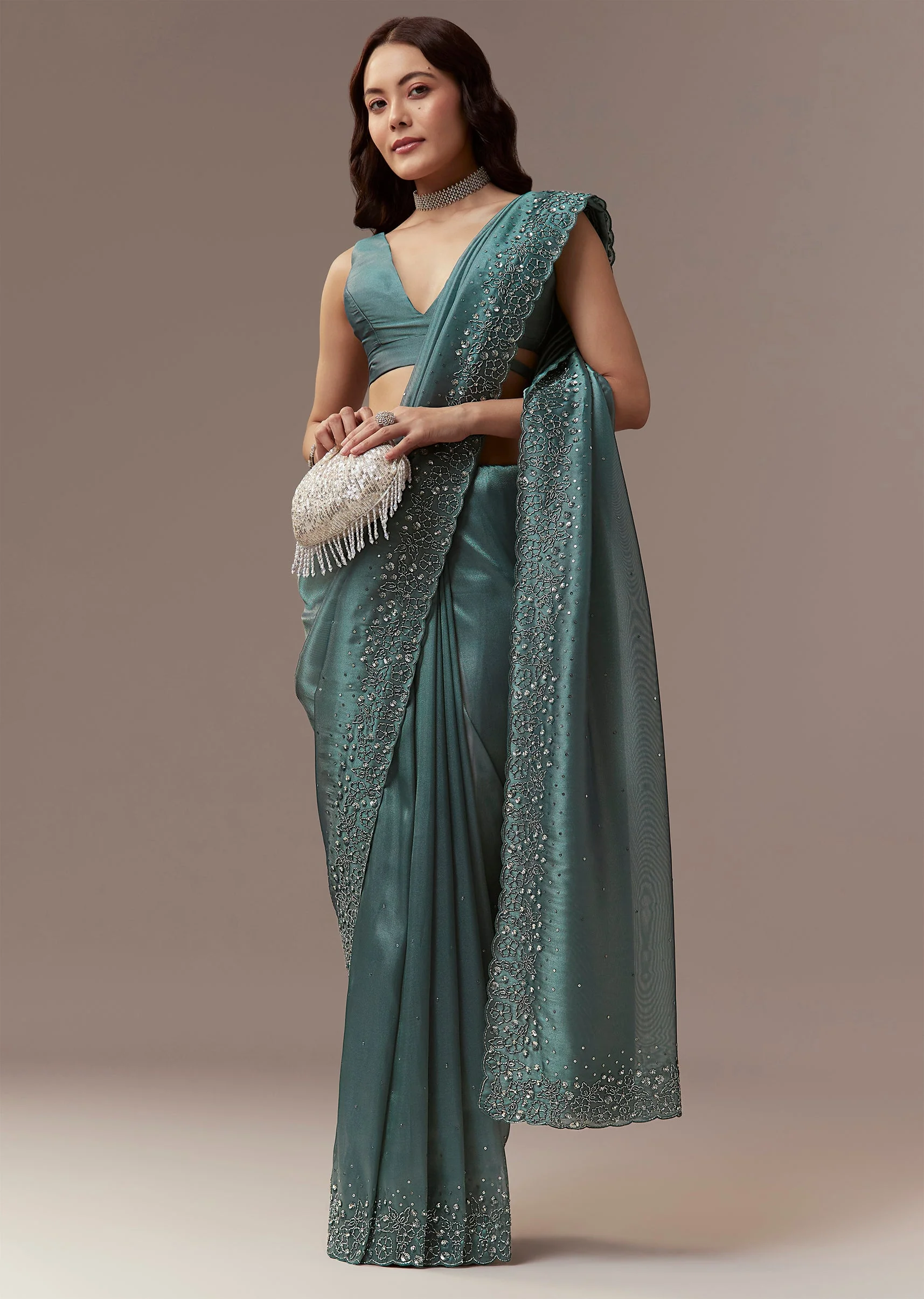 Dusky Teal Tissue Saree With Cutdana And Sequin Embroidery