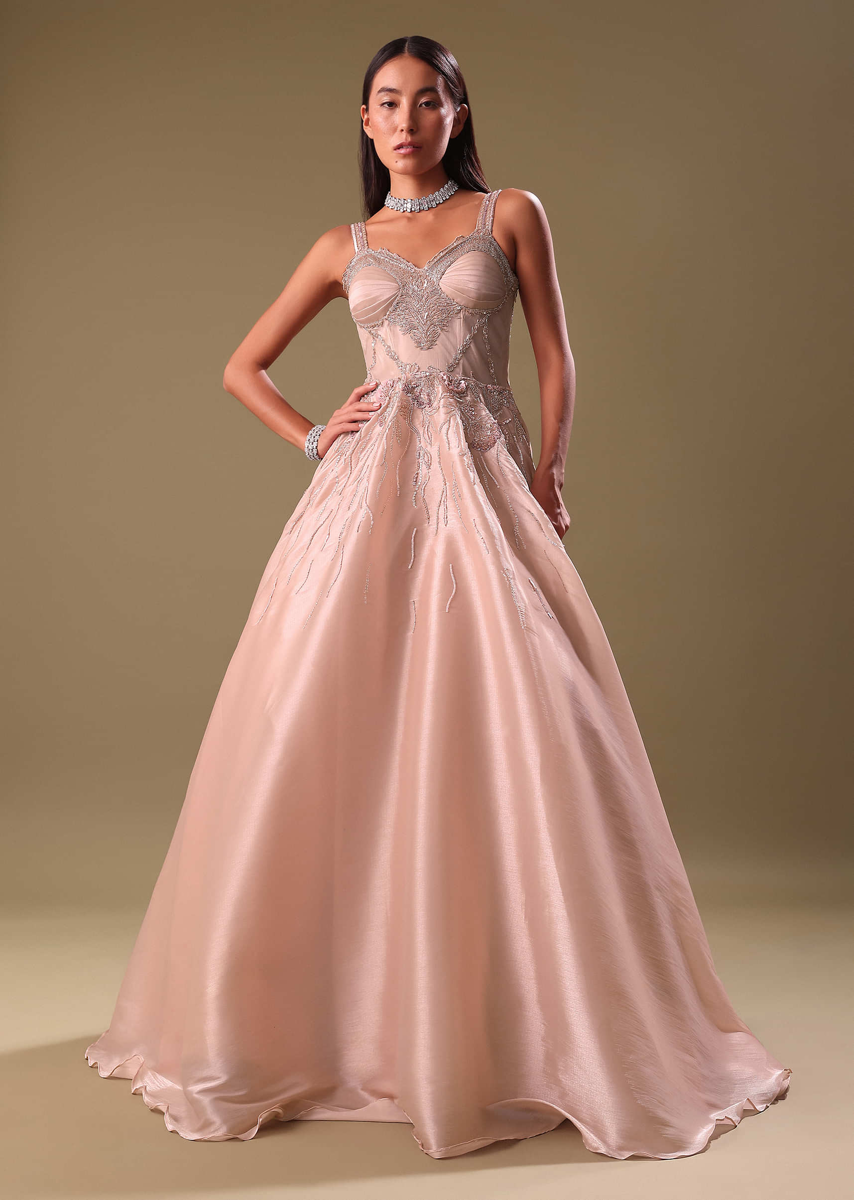 Dust Pink Hand Embroidered Organza Gown - Image 2