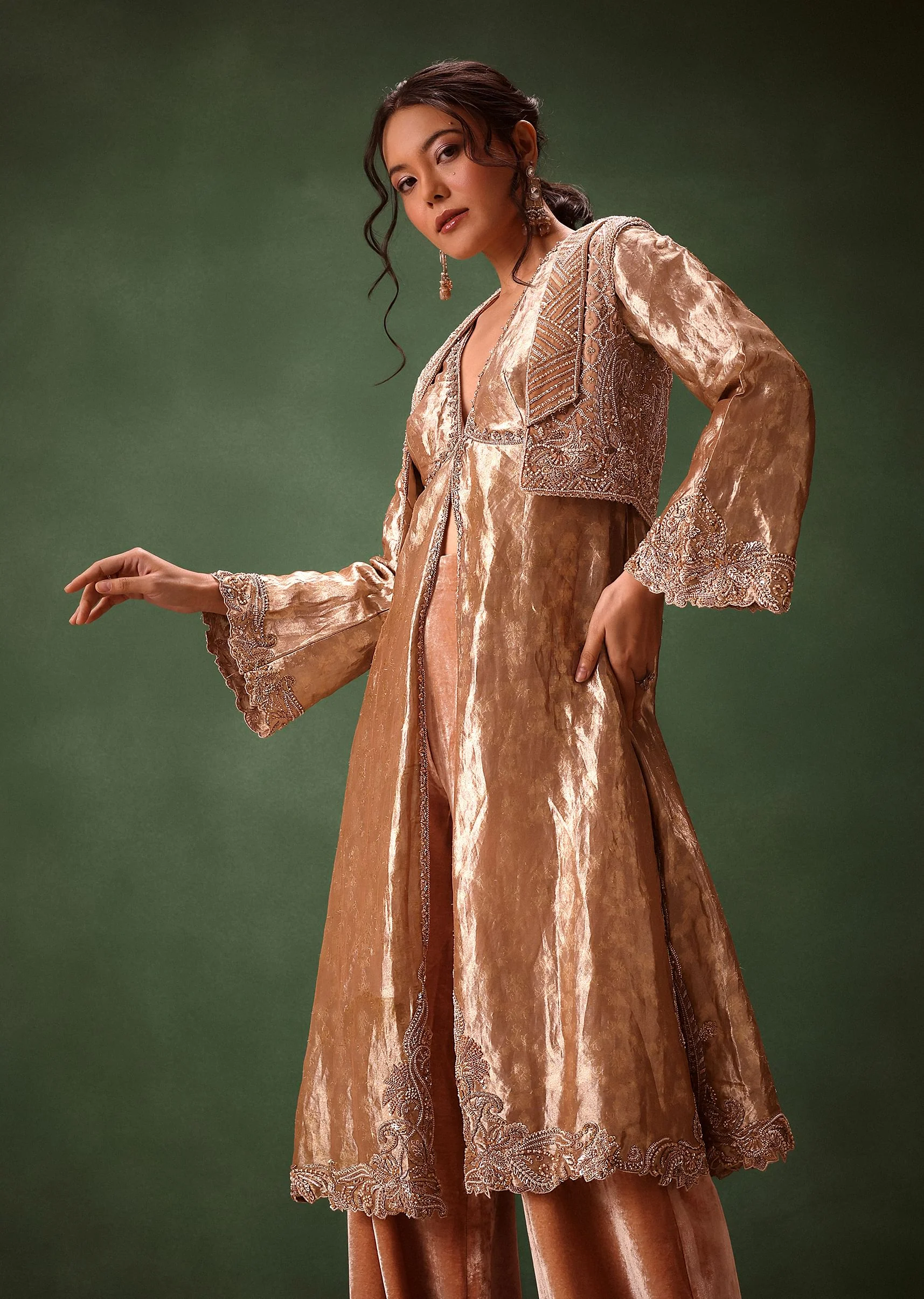 Dusty Brown Brocade Anarkali Style Kurti With Crop Jacket And Straight Flared Pant - Image 4