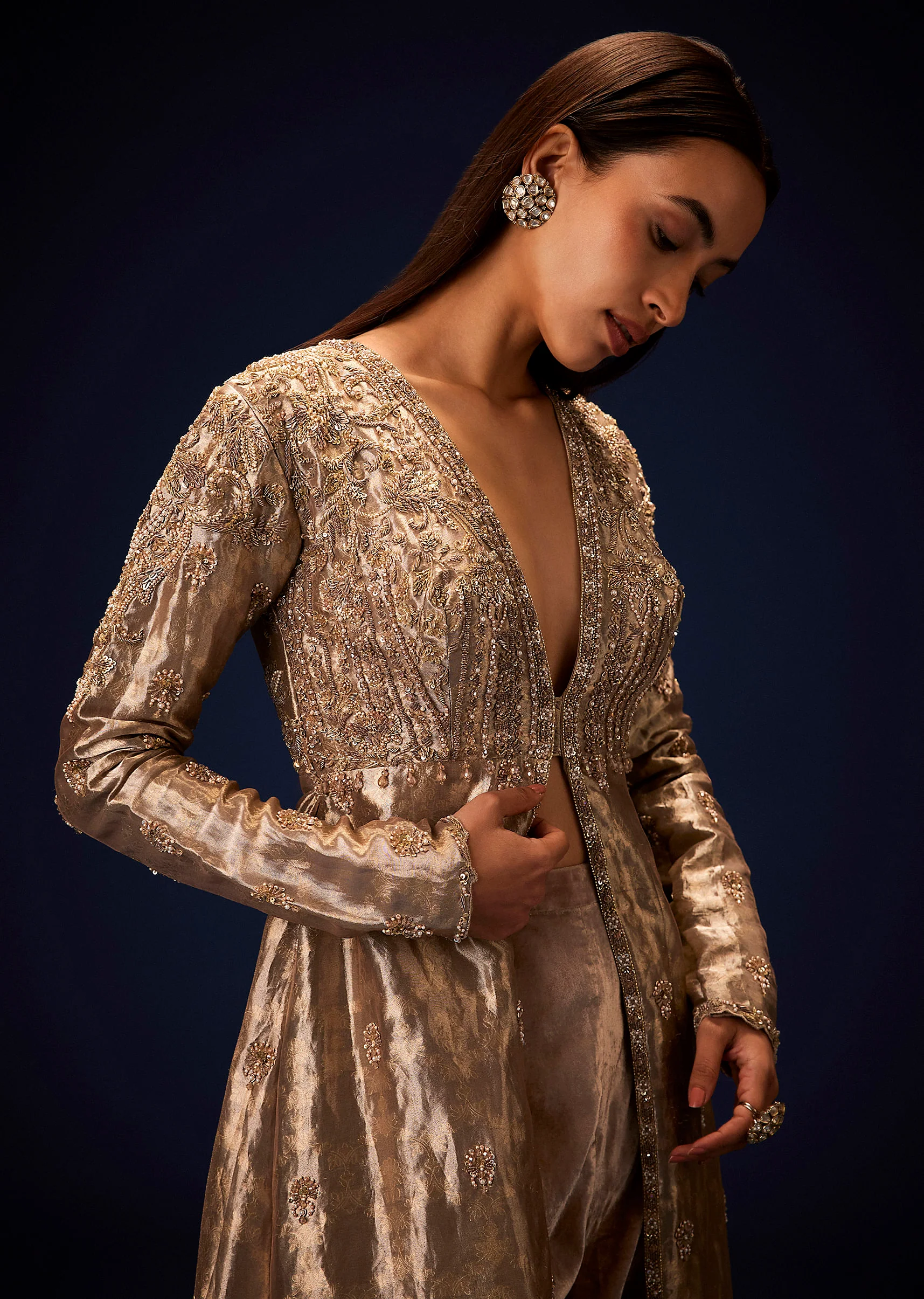 Dusty Brown Brocade Embroidered Long Jacket With Pencil Pant - Image 2