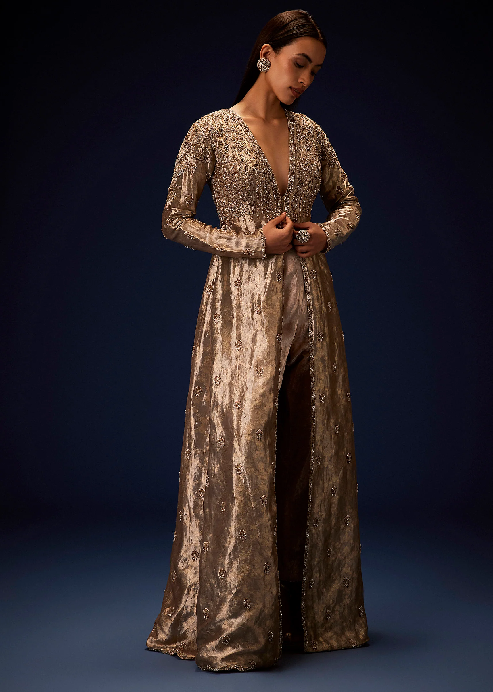 Dusty Brown Brocade Embroidered Long Jacket With Pencil Pant - Image 3