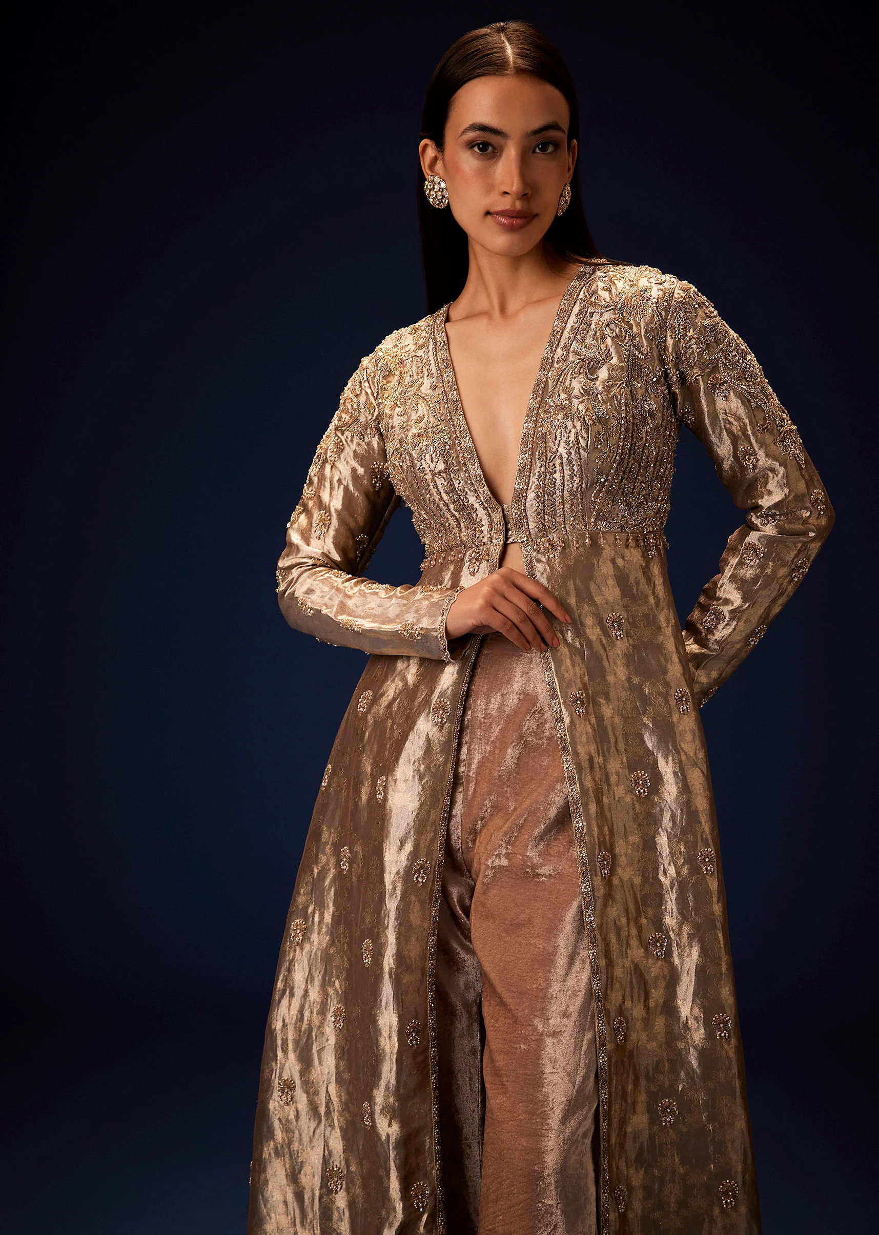 Dusty Brown Brocade Embroidered Long Jacket With Pencil Pant - Image 4