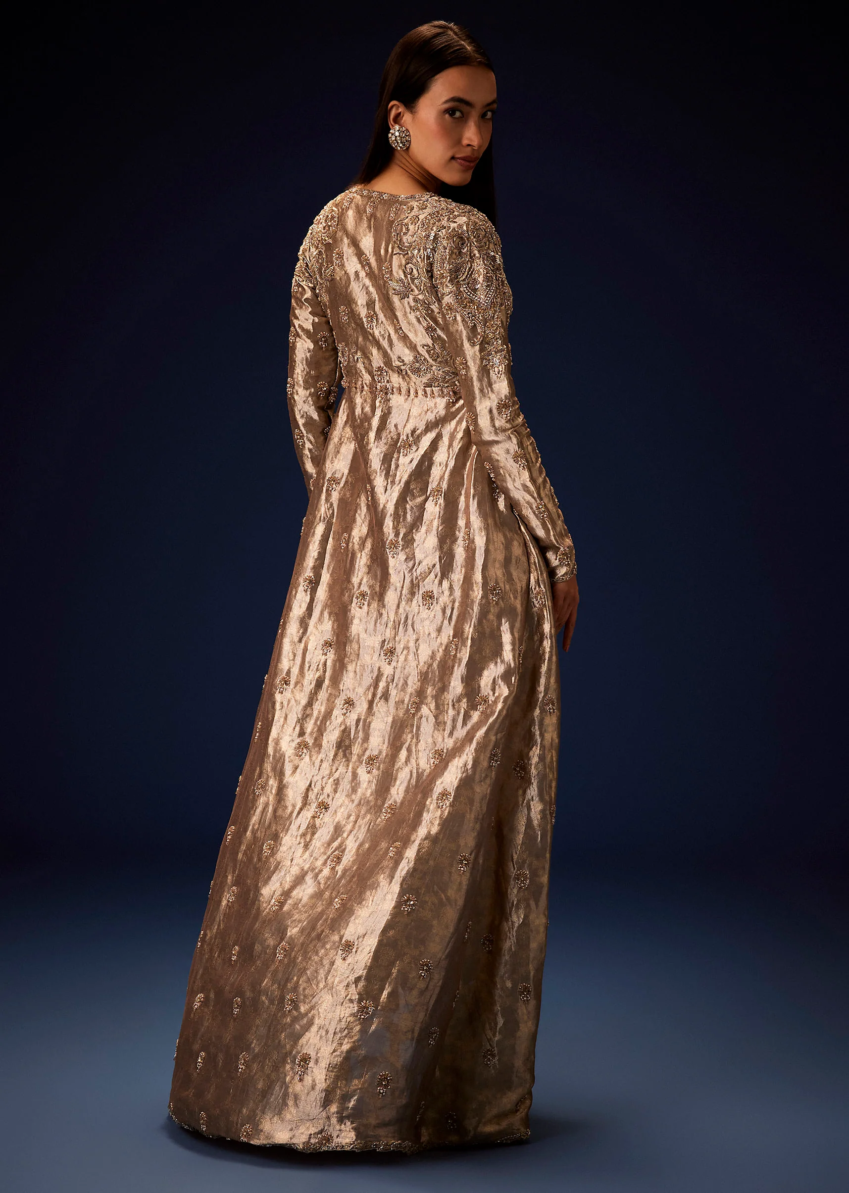 Dusty Brown Brocade Embroidered Long Jacket With Pencil Pant - Image 5