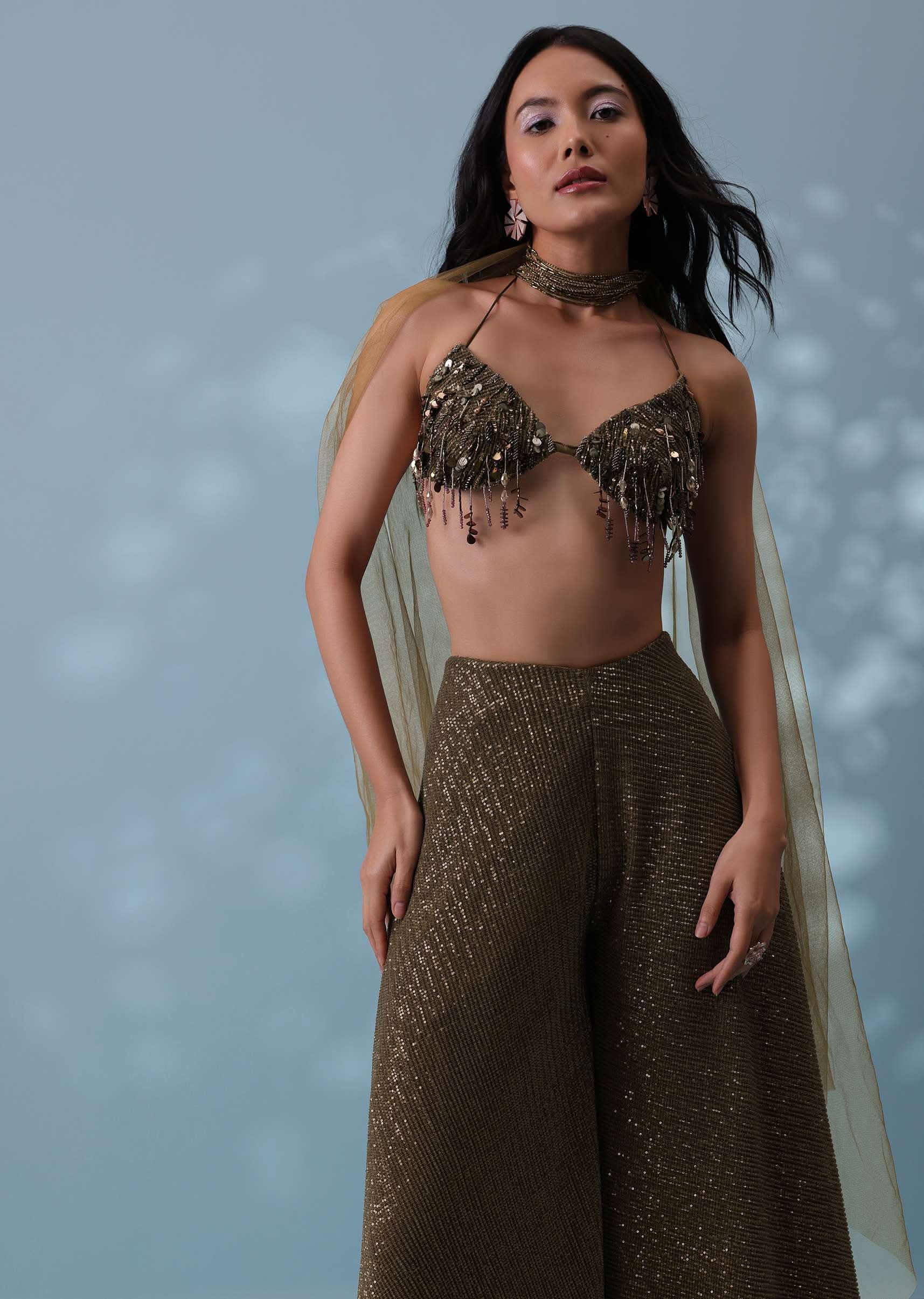 Dusty Brown Fancy Indowestern Palazzo And Bustier In Lycra Sequins With Choker - Image 4