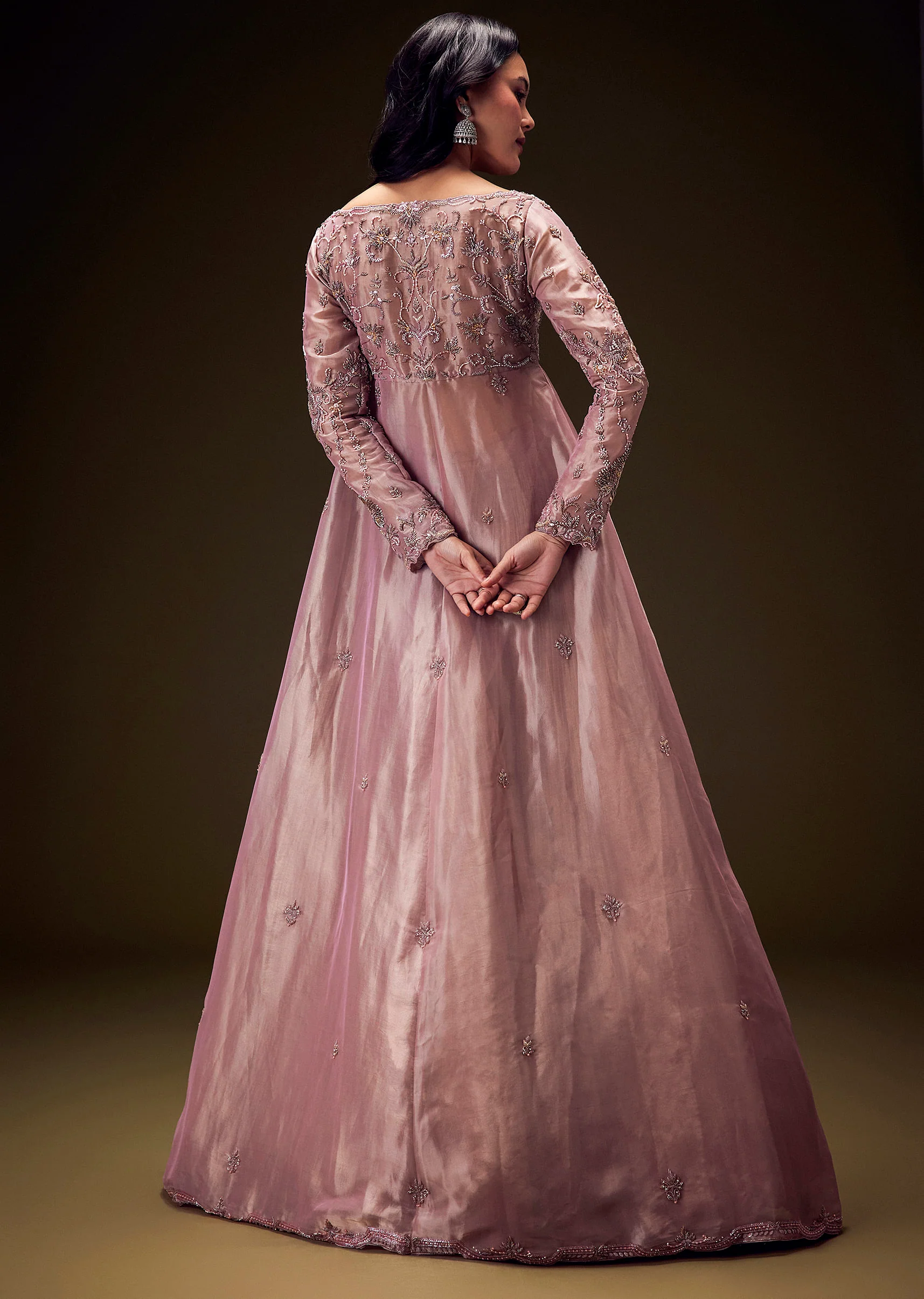 Dusty Lilac Embroidered Long Jacket With Ruched Lehenga - Image 2