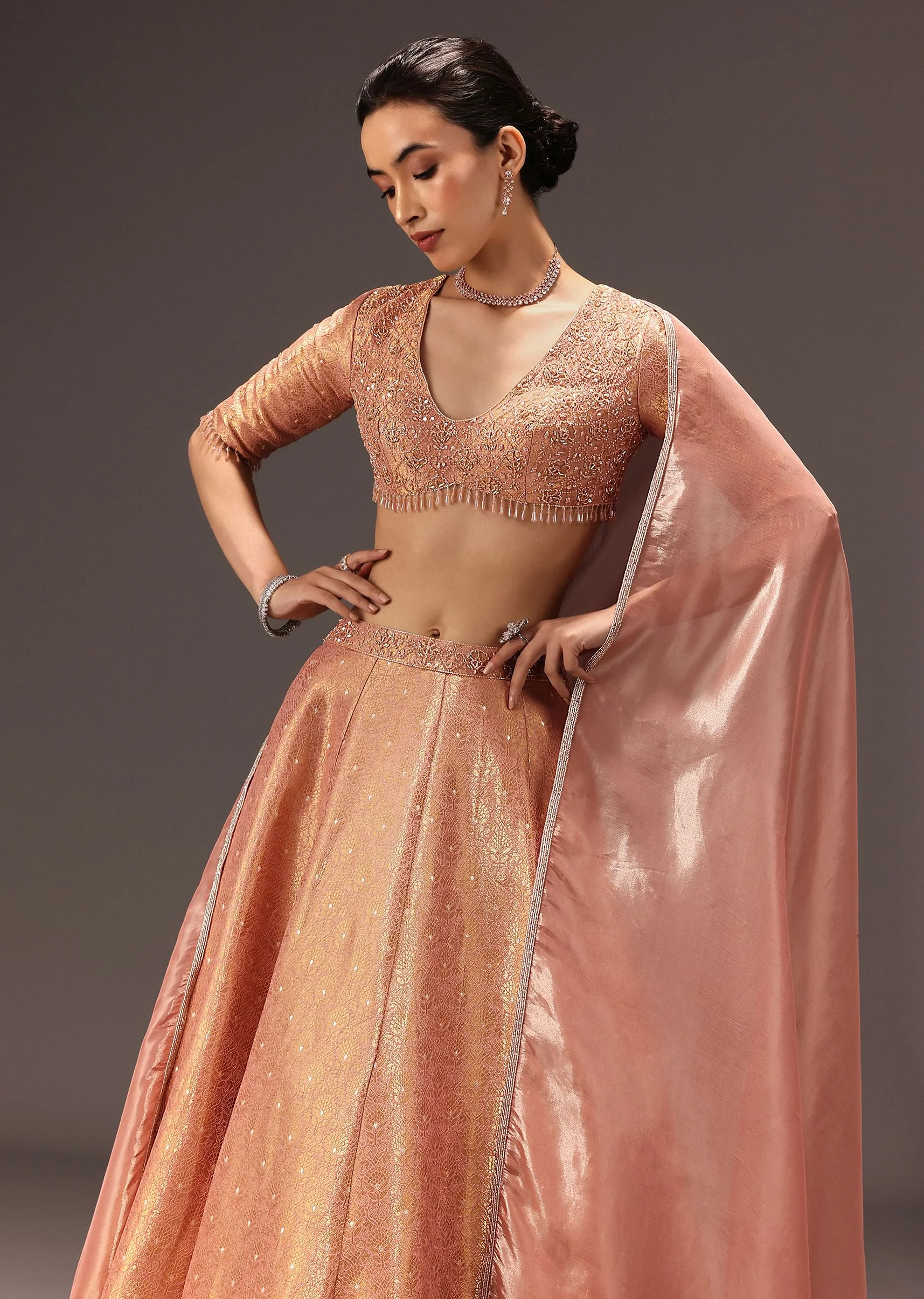 Dusty Peach Banarasi Silk Hand Work Lehenga Set - Image 2