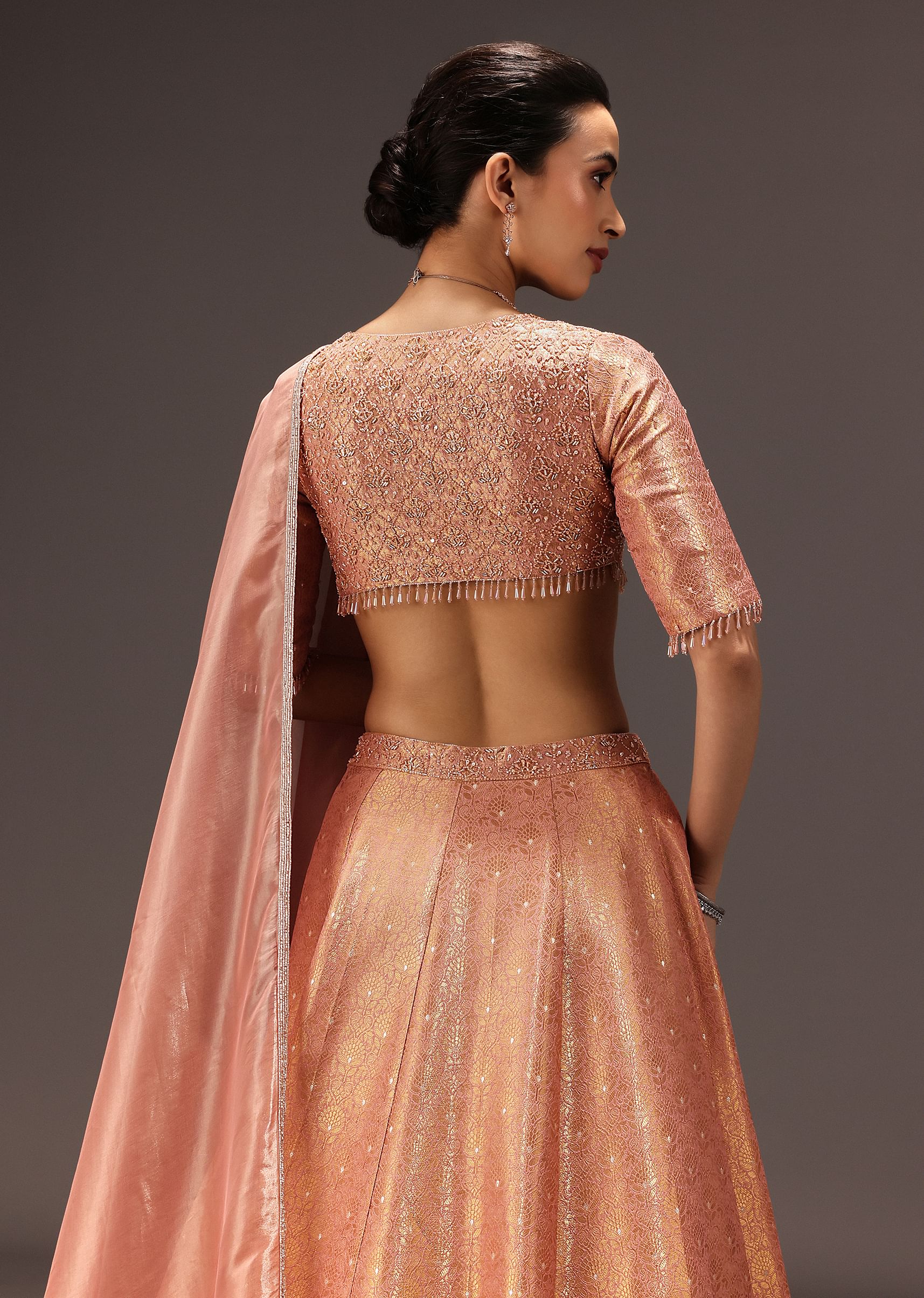 Dusty Peach Banarasi Silk Hand Work Lehenga Set - Image 4