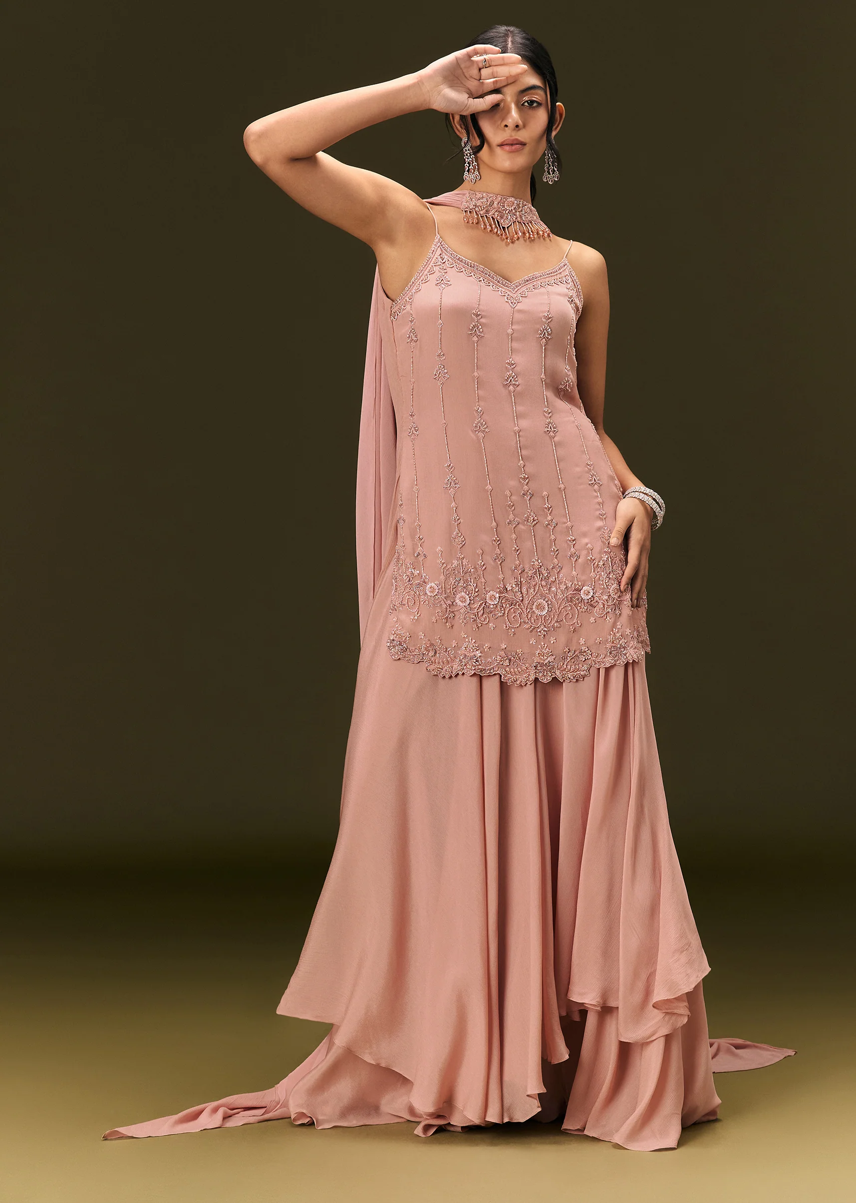 Dusty Pink Chinon Embroidered Kurti With Flared Pant And Choker Dupatta - Image 3