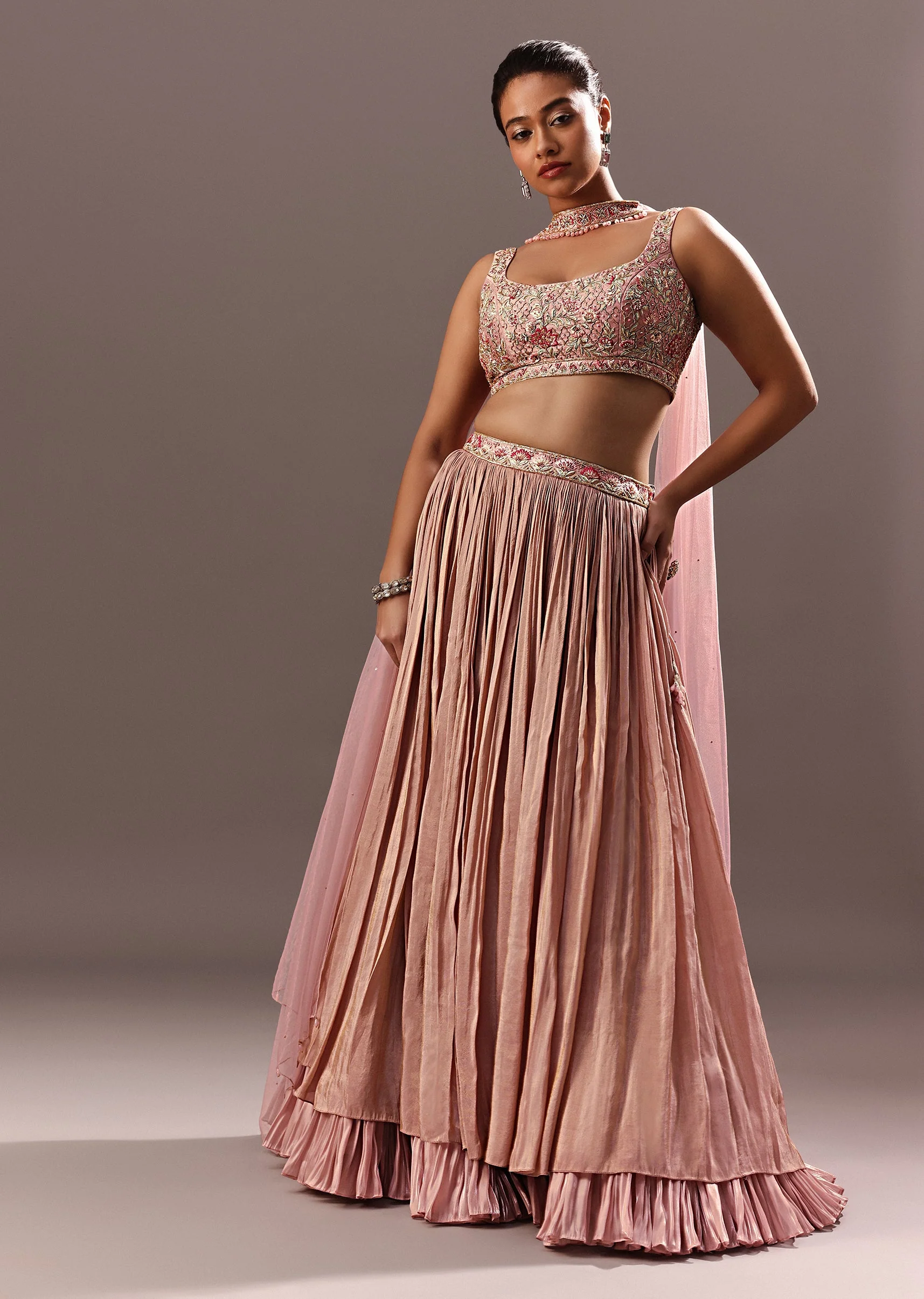 Dusty Pink Ruching Lehenga With Embroidered Blouse And Choker Dupatta - Image 3