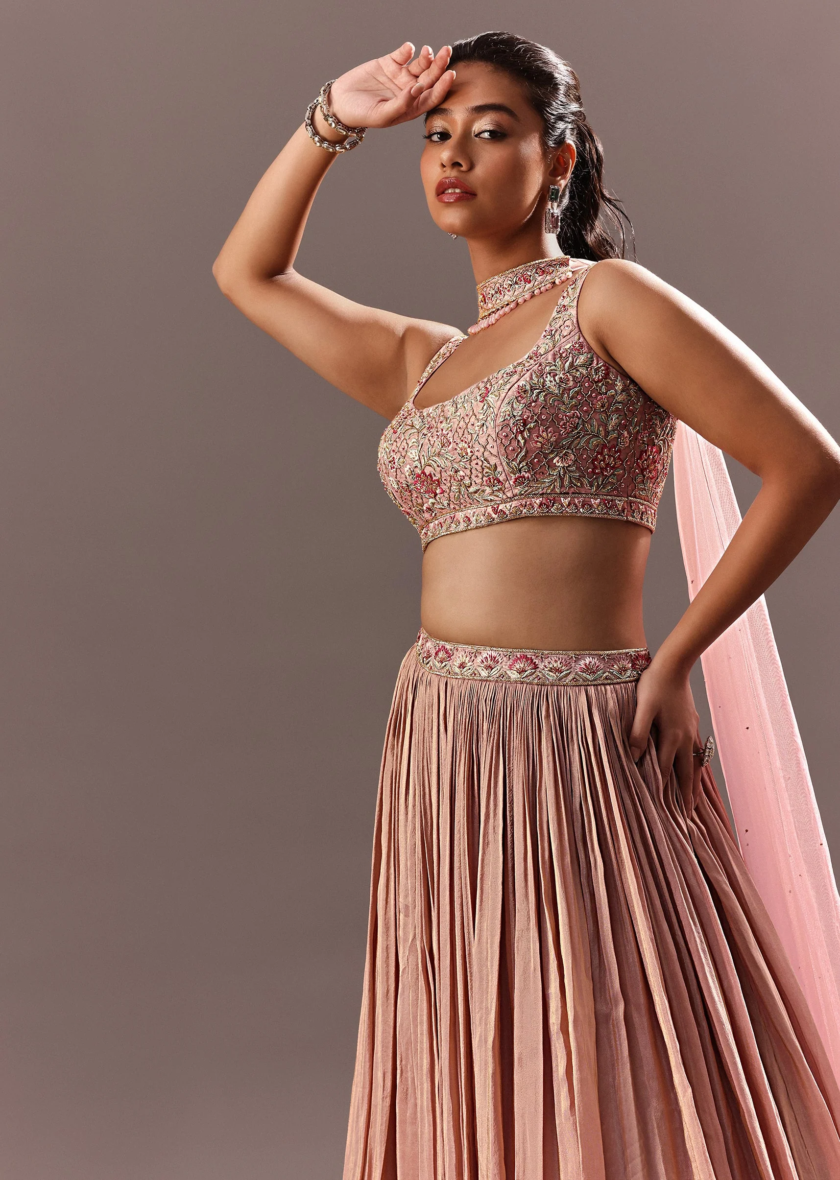 Dusty Pink Ruching Lehenga With Embroidered Blouse And Choker Dupatta - Image 4