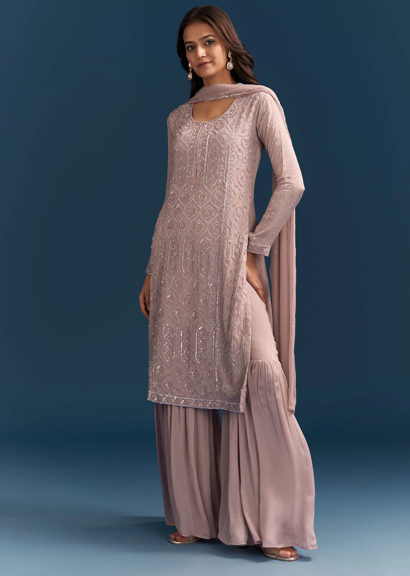 Dusty Pink Sharara Suit With Sequins Work And Dupatta - Image 2