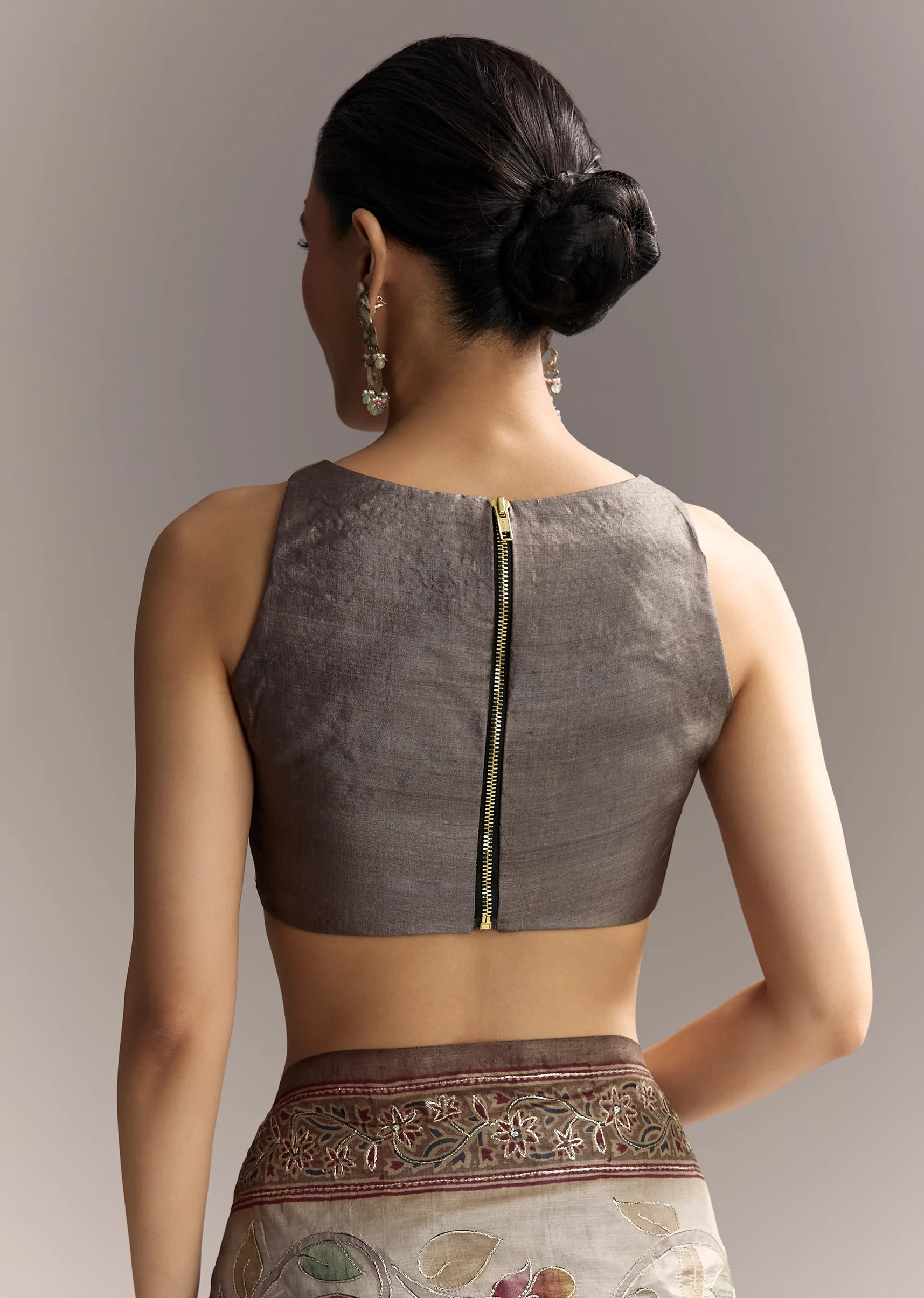 Earthy Grey Artistic Couple Set – Grey Hand-Painted Cotton Saree For Her And Taupe Brown Printed Silk Kurta For Him - Image 5