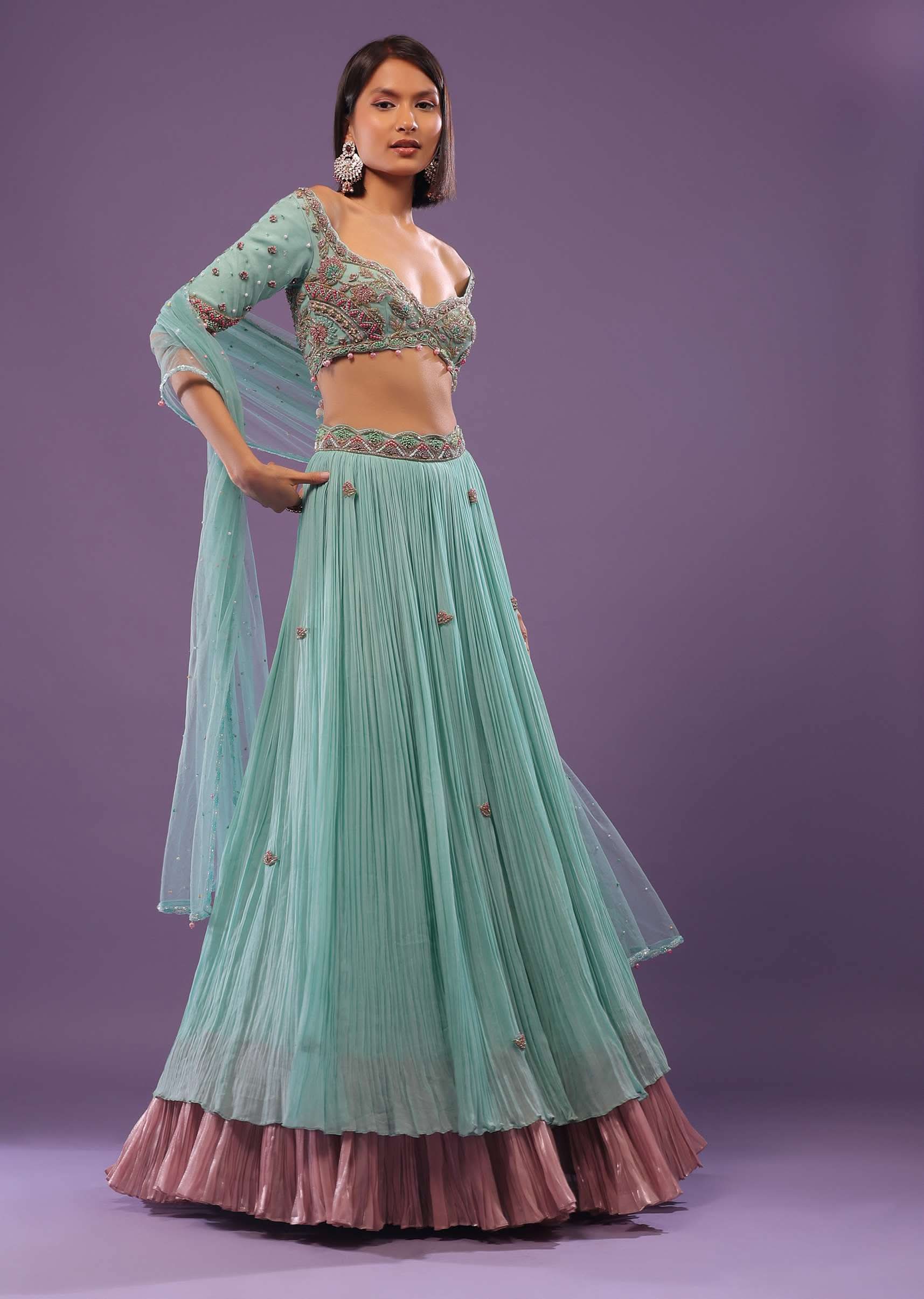 Sky Blue Embroidered Lehenga In Georgette - Image 5