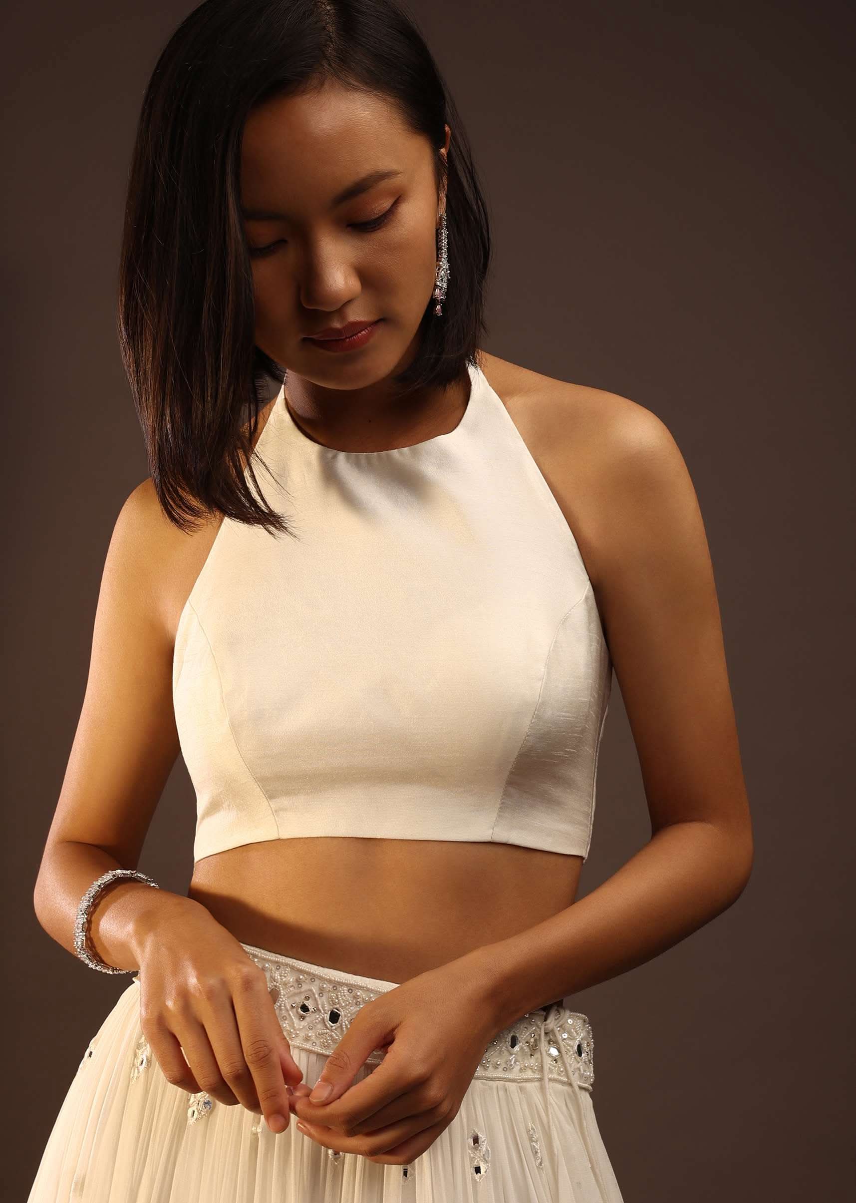 Egret White Halter Neck And Back Tie-Up Blouse With Back Hooks Closure - Image 3