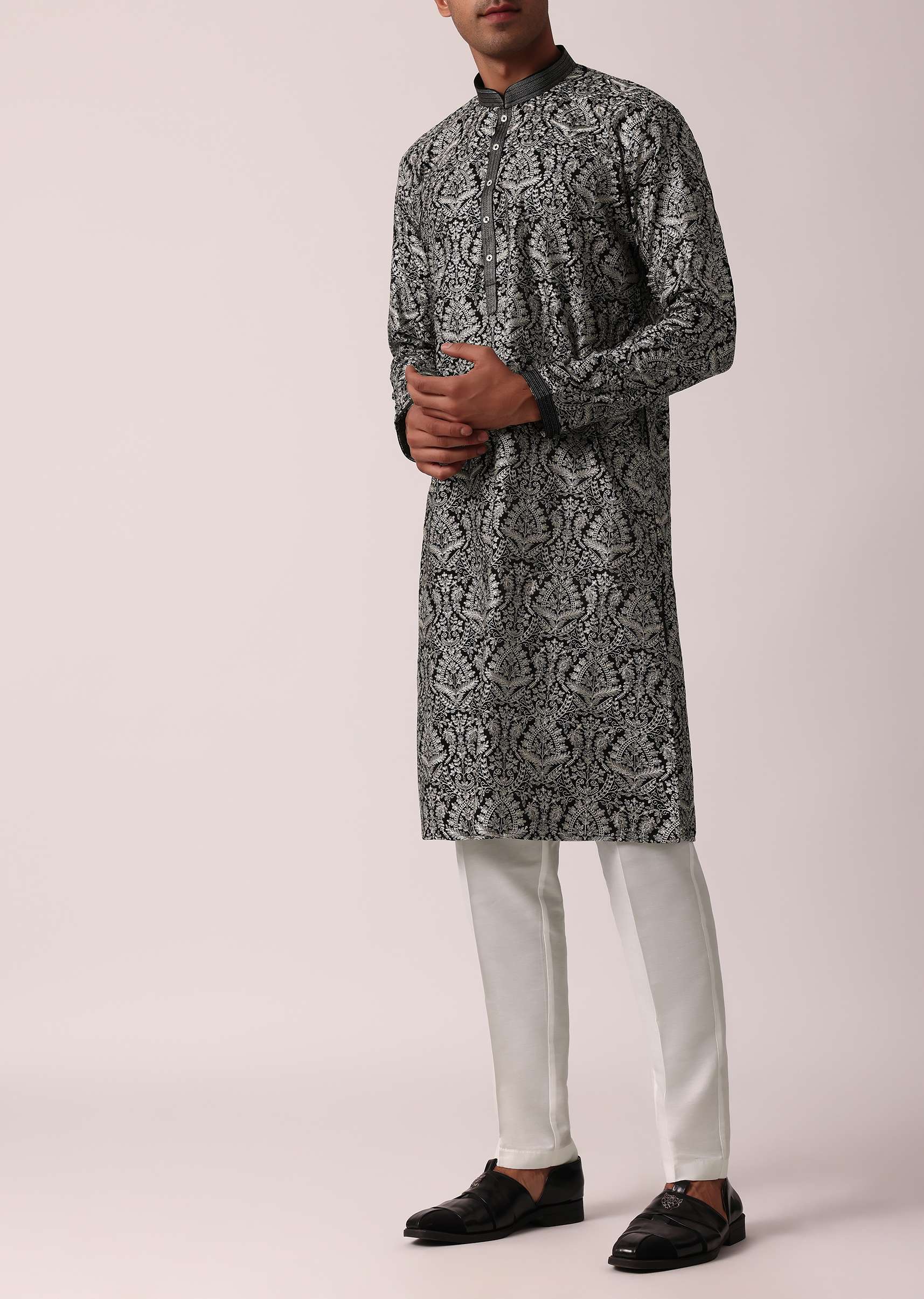 Elegant Black Silk Kurta Set For Men - Image 3