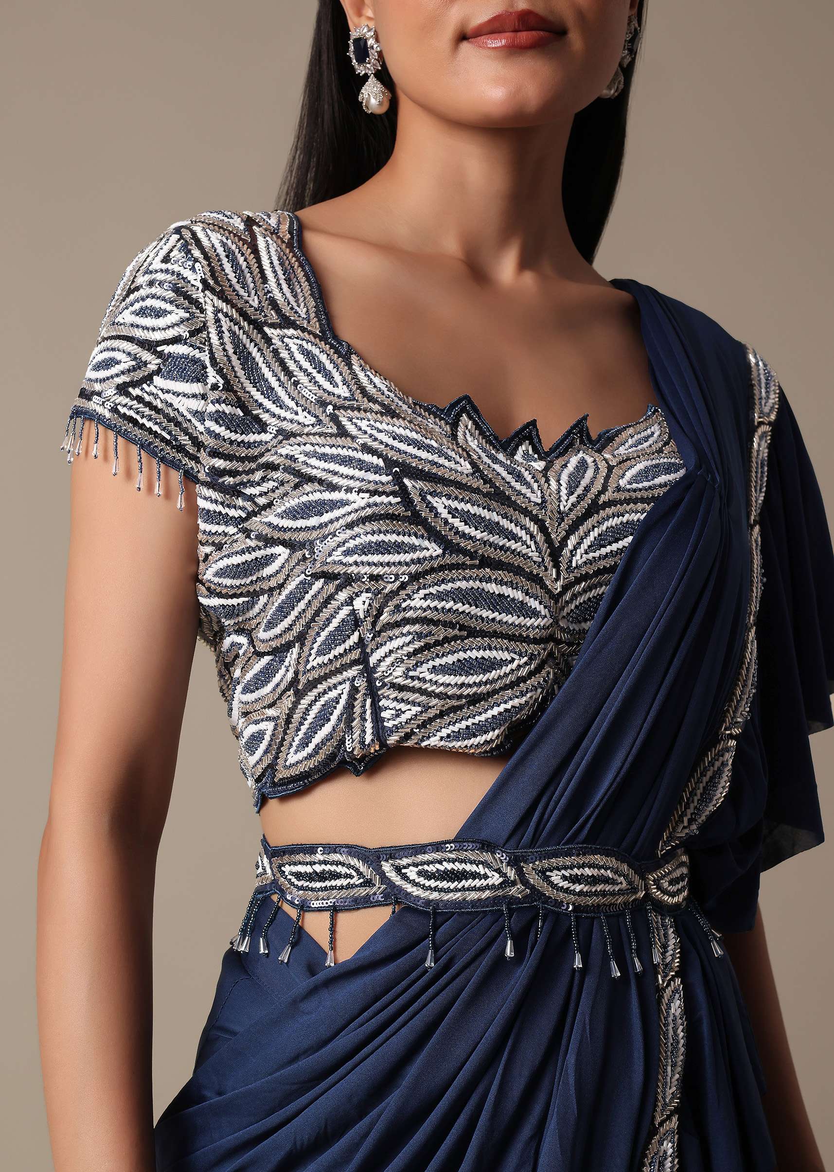Elegant Blue Frill Ready To Wear Saree With Embellished Blouse - Image 4
