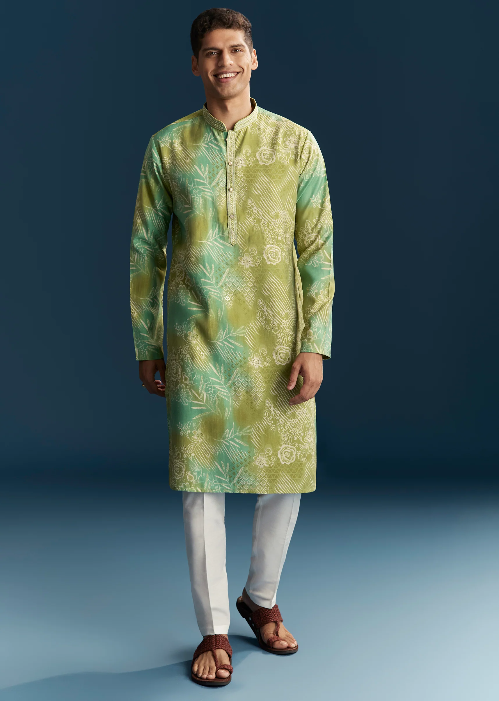 Elegant Green Silk Couple Set – Ombre Green Silk Coord Set For Her And Green Silk Printed Kurta Set For Him - Image 10