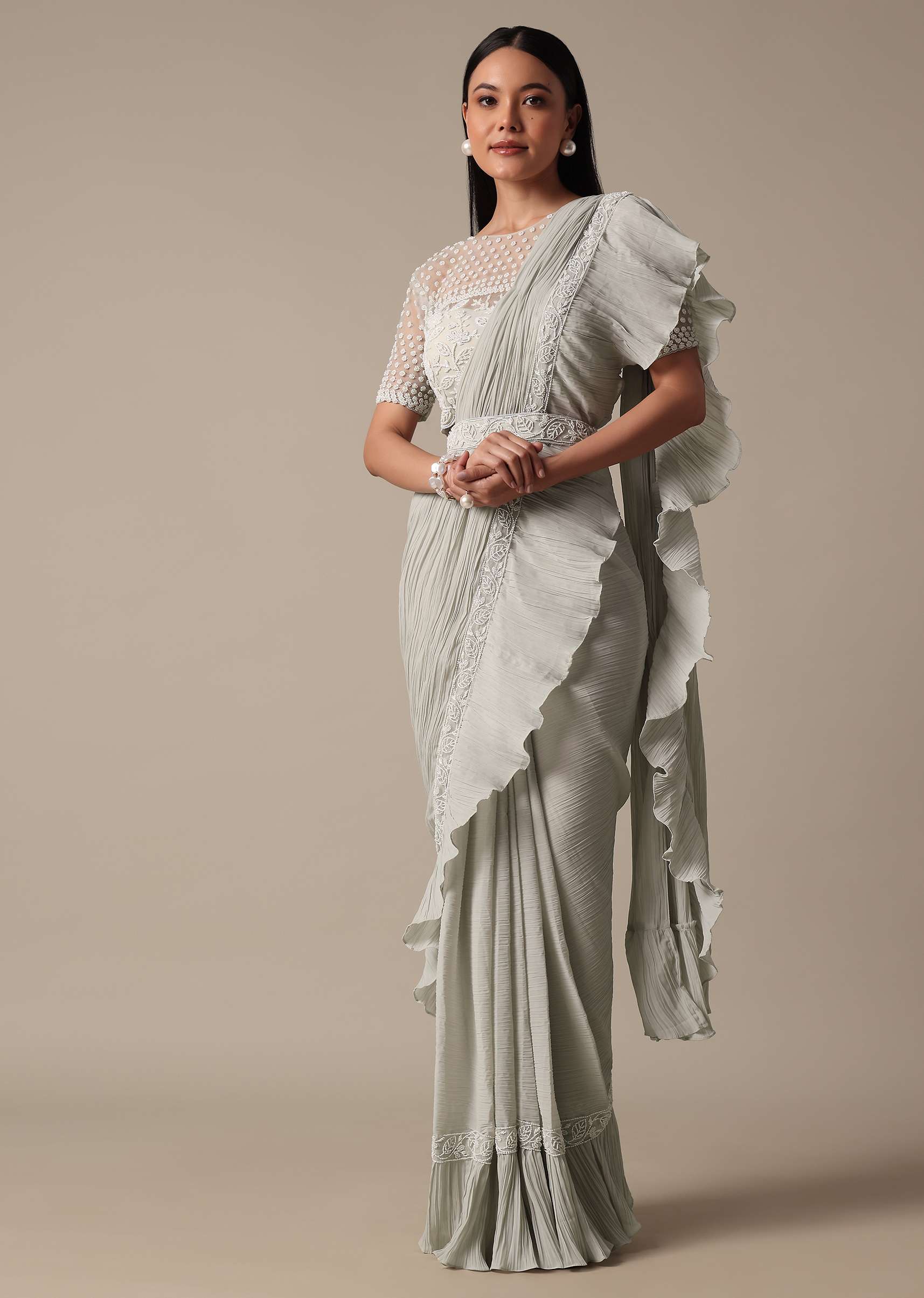 Elegant Grey Readymade Saree With Stitched Blouse - Image 3