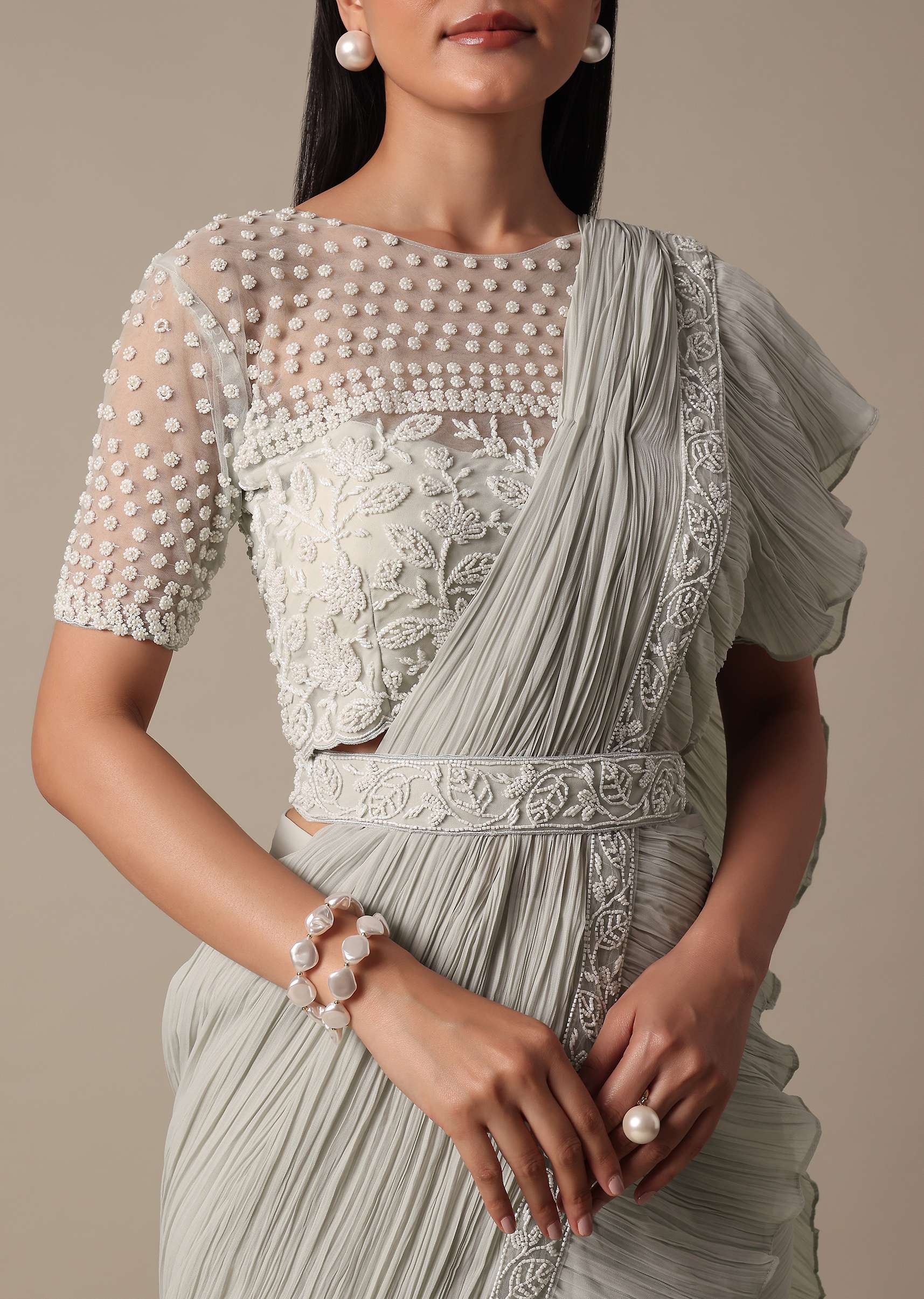 Elegant Grey Readymade Saree With Stitched Blouse - Image 4