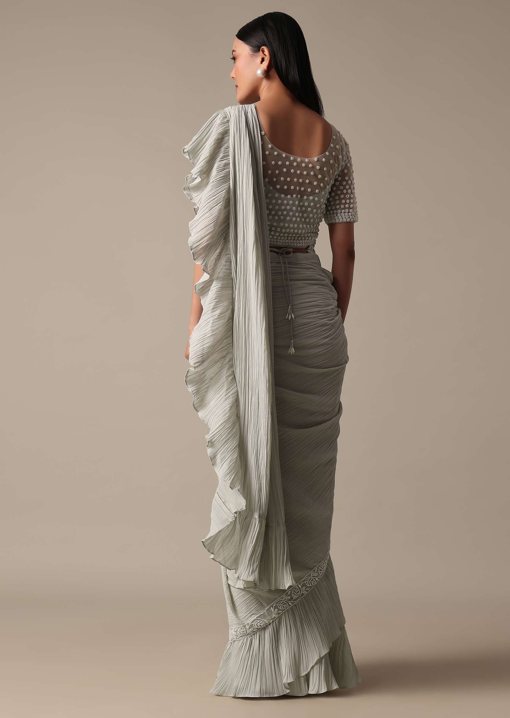 Elegant Grey Readymade Saree With Stitched Blouse - Image 5