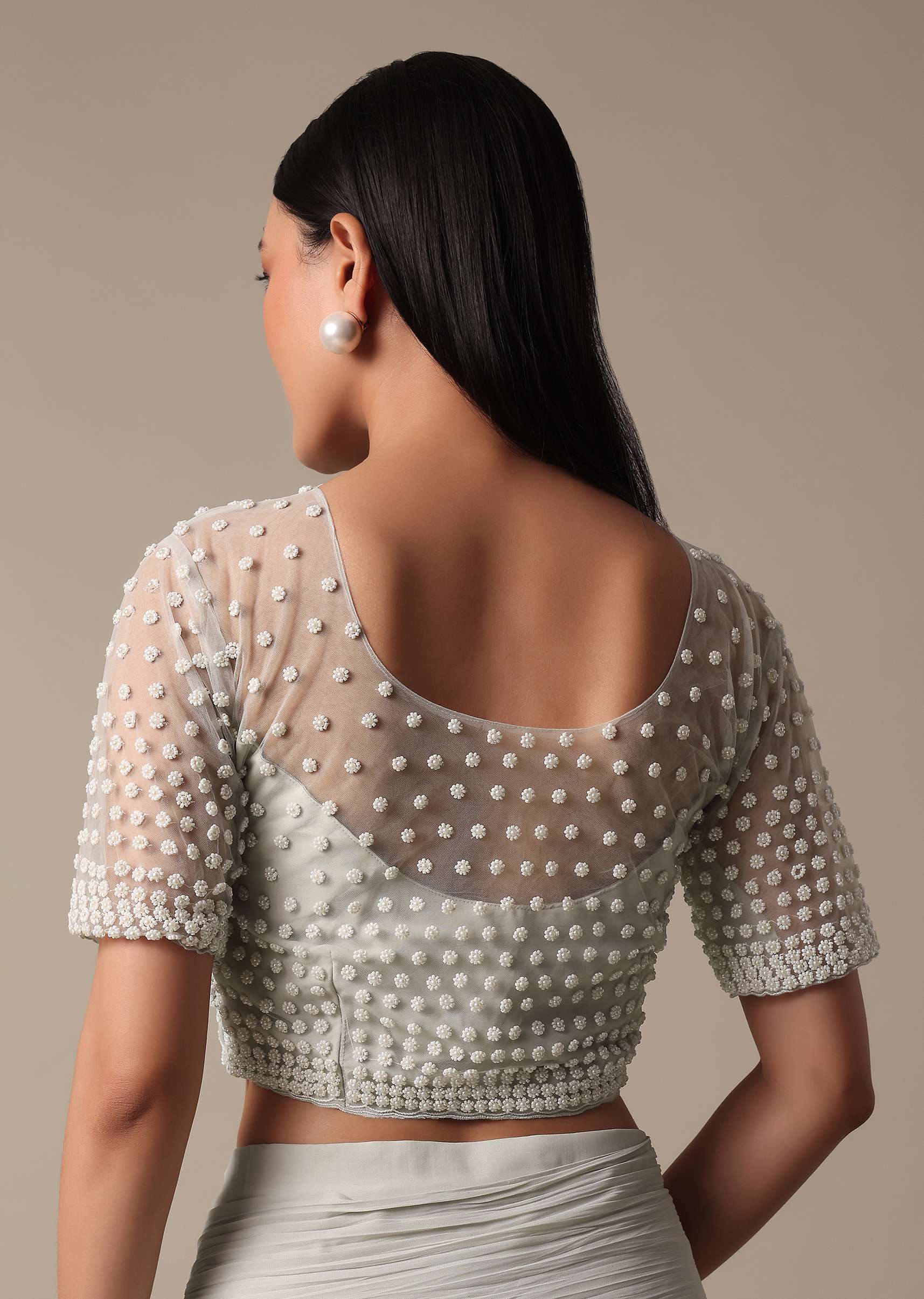 Elegant Grey Readymade Saree With Stitched Blouse - Image 7