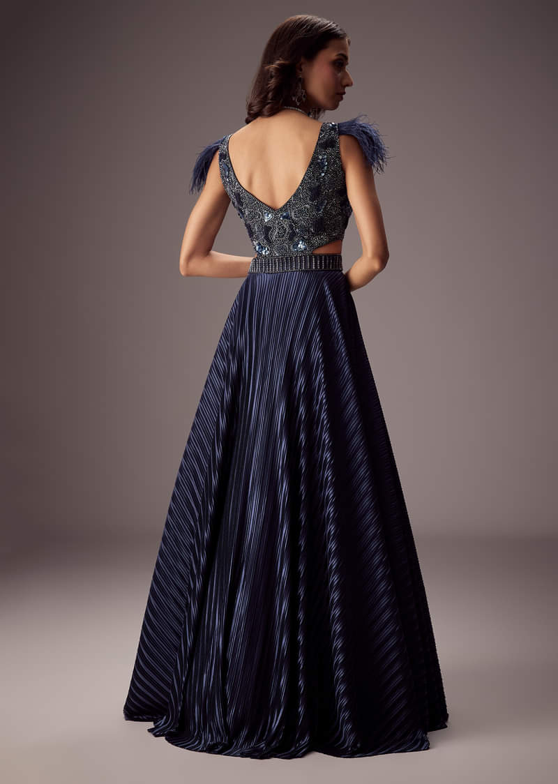 Elegant Navy Crepe Gown With Embroidered Yoke And Sweeping Ghera - Image 2