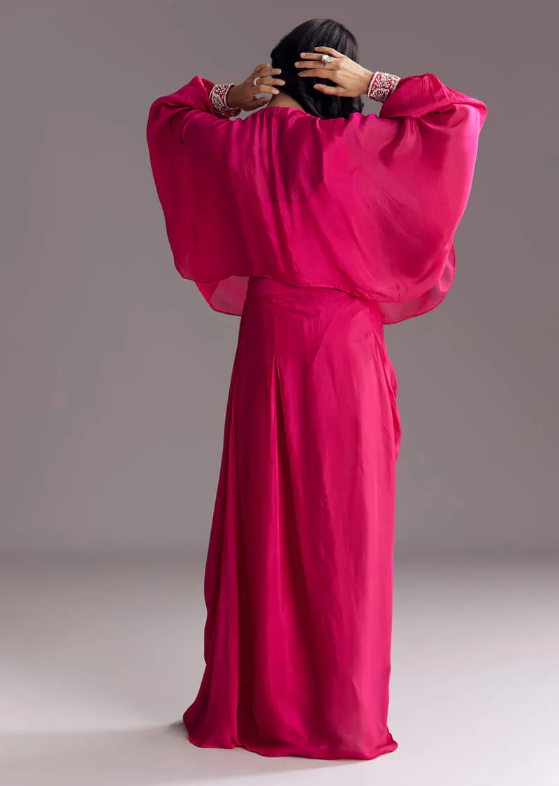 Embroidered Pink Skirt Set With Cape - Image 5