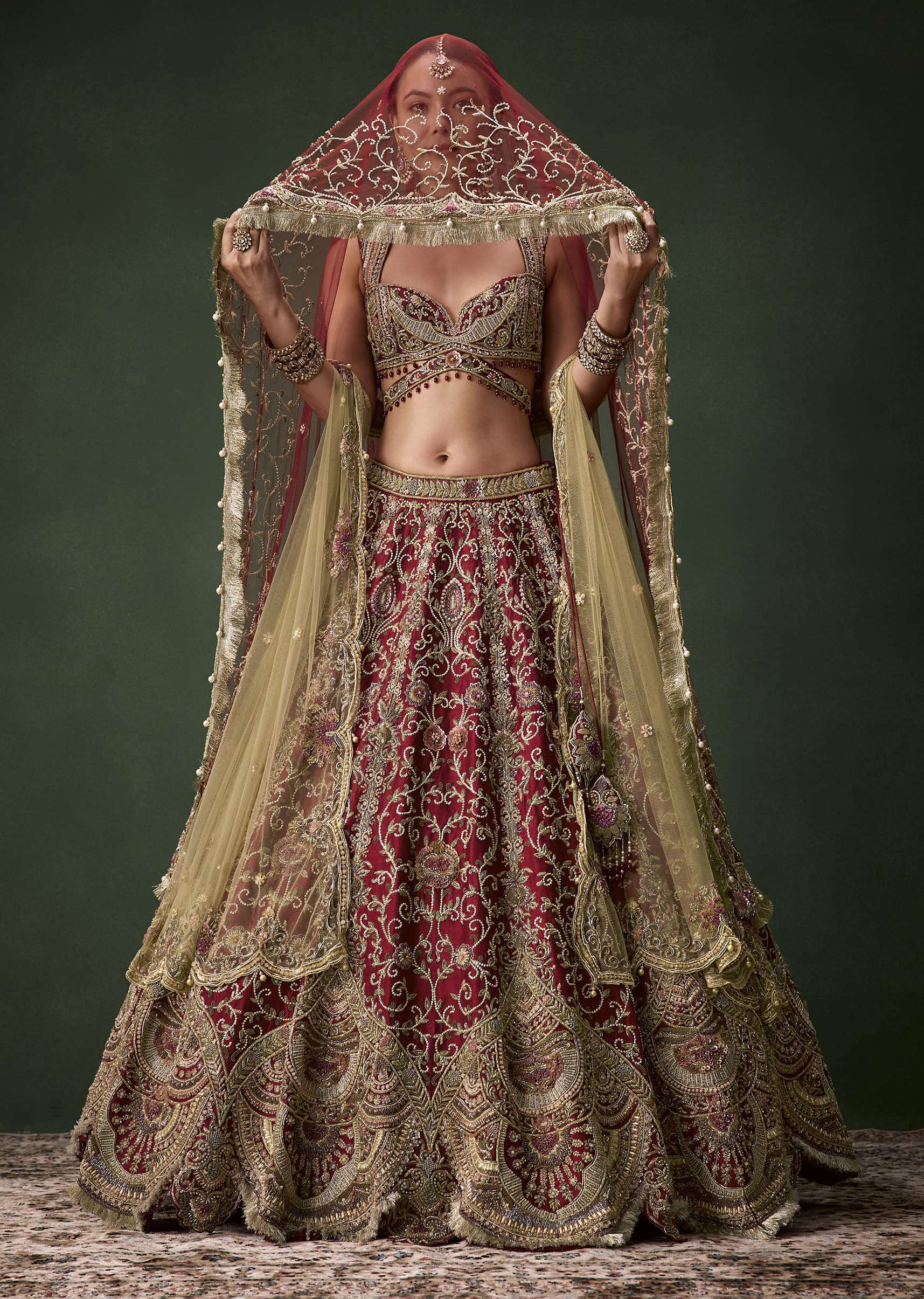 Embroidered Raw Silk Bridal Lehenga Set with Two Dupattas - Image 4