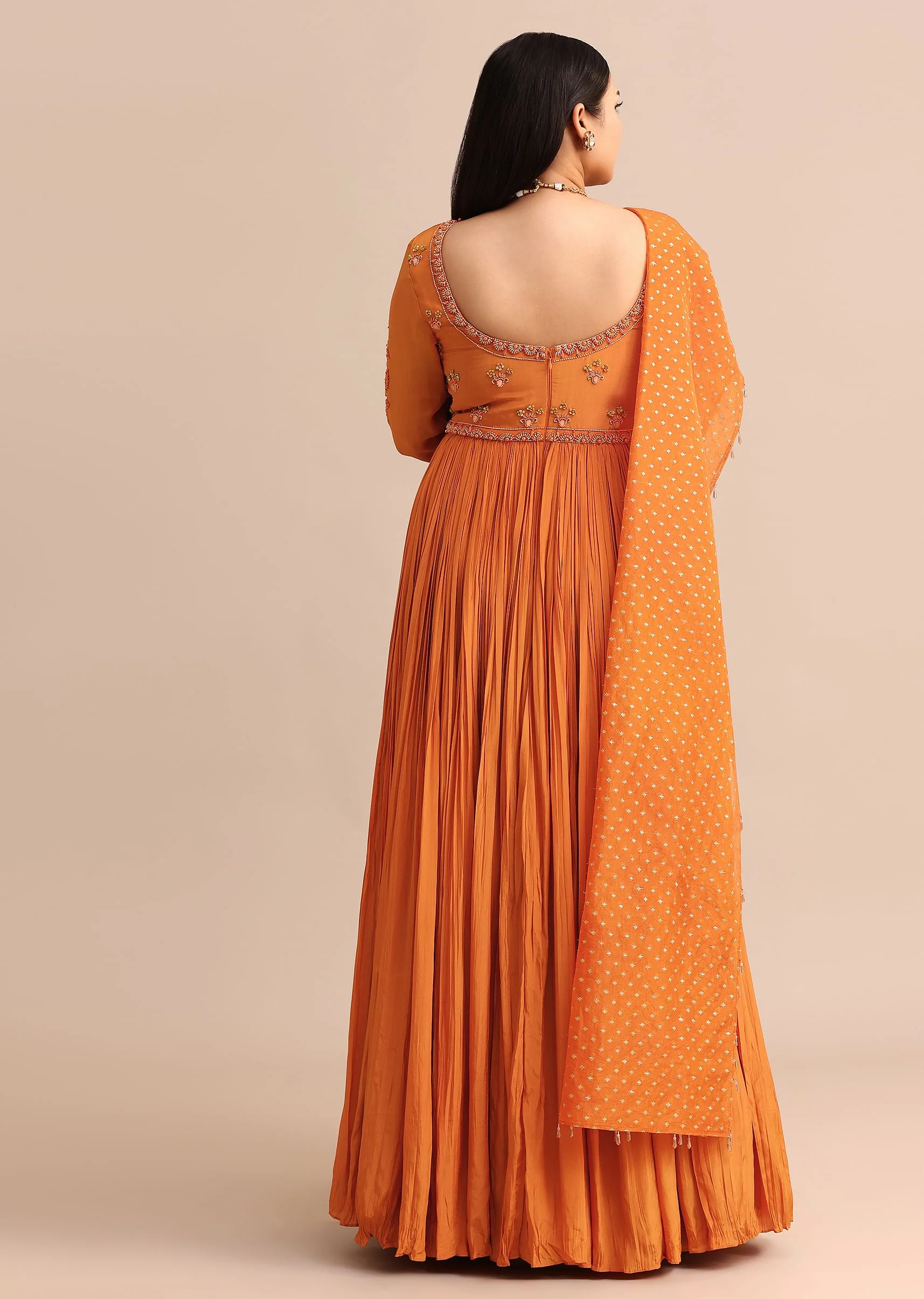 Embroidery Burnt Orange Anarkali Suit With Banarasi Organza Dupatta - Image 5